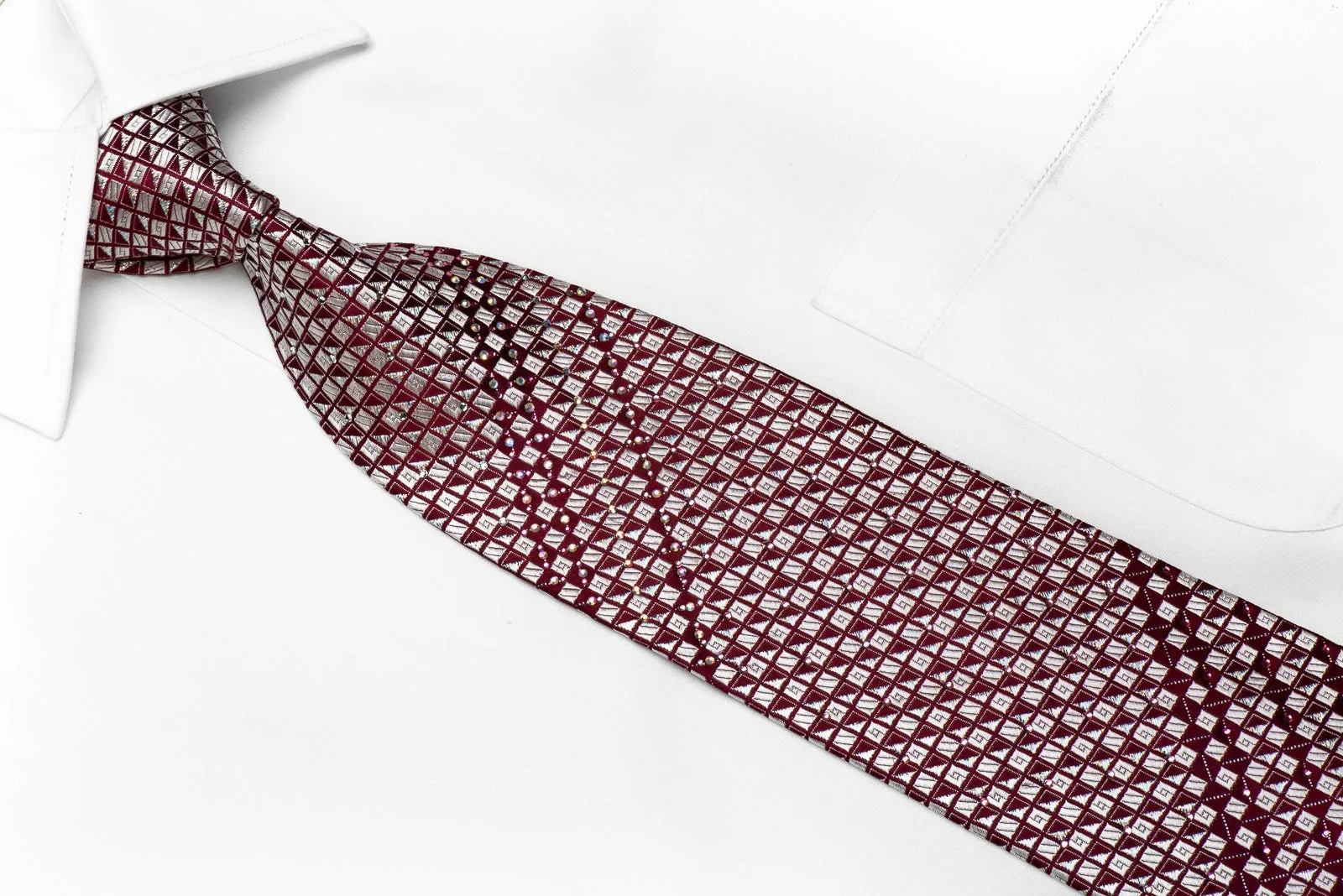 Louis Quatorze Men's Crystal Silk Necktie Silver Geometric On Burgundy With Silver Sparkles