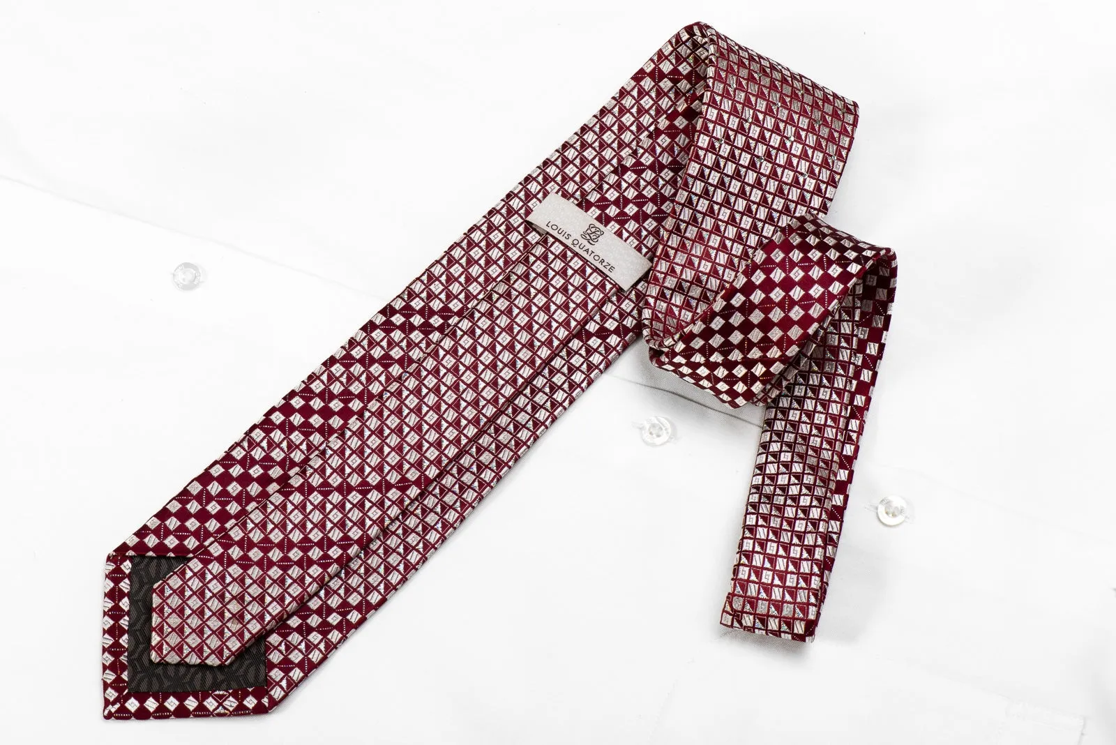 Louis Quatorze Men's Crystal Silk Necktie Silver Geometric On Burgundy With Silver Sparkles