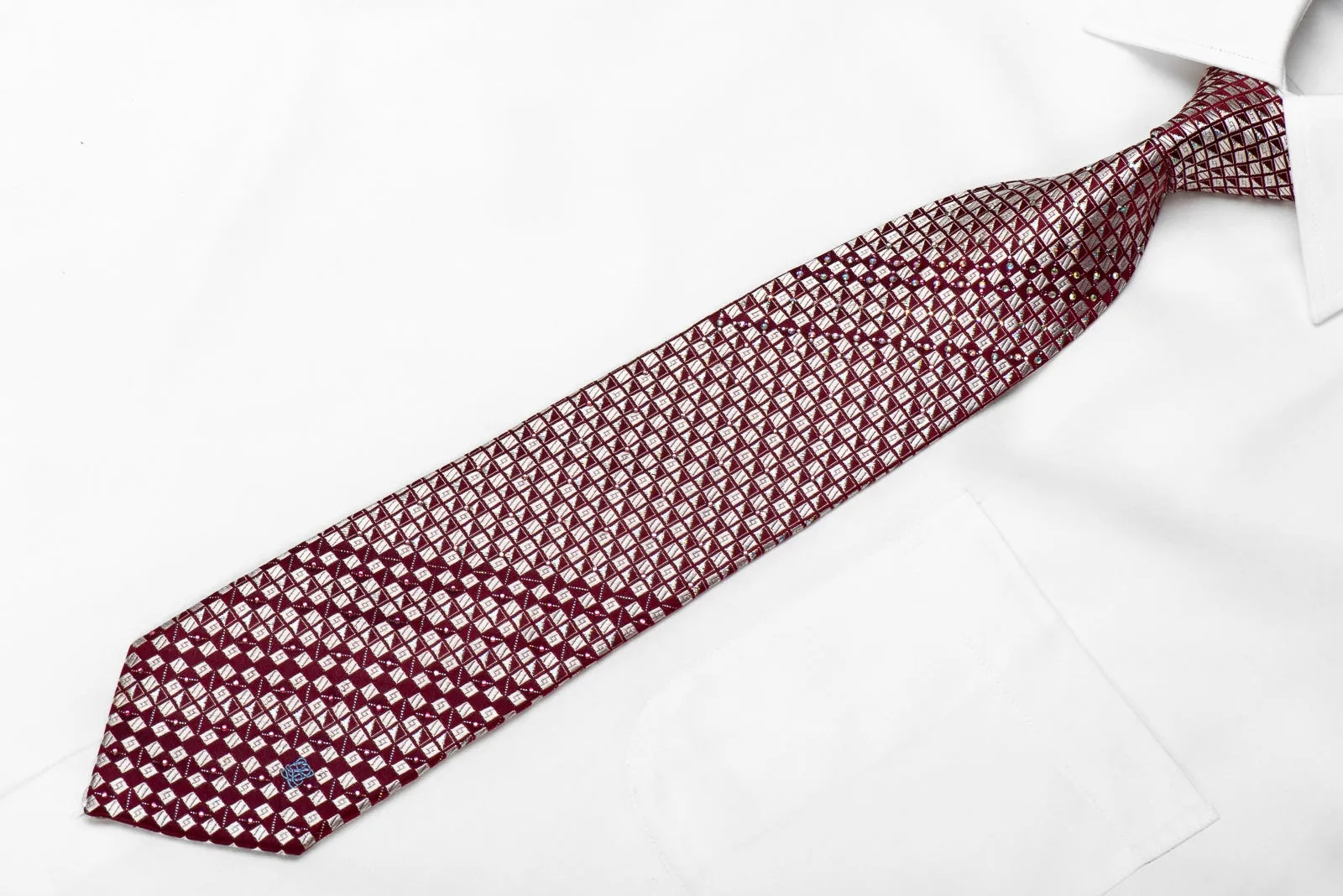 Louis Quatorze Men's Crystal Silk Necktie Silver Geometric On Burgundy With Silver Sparkles