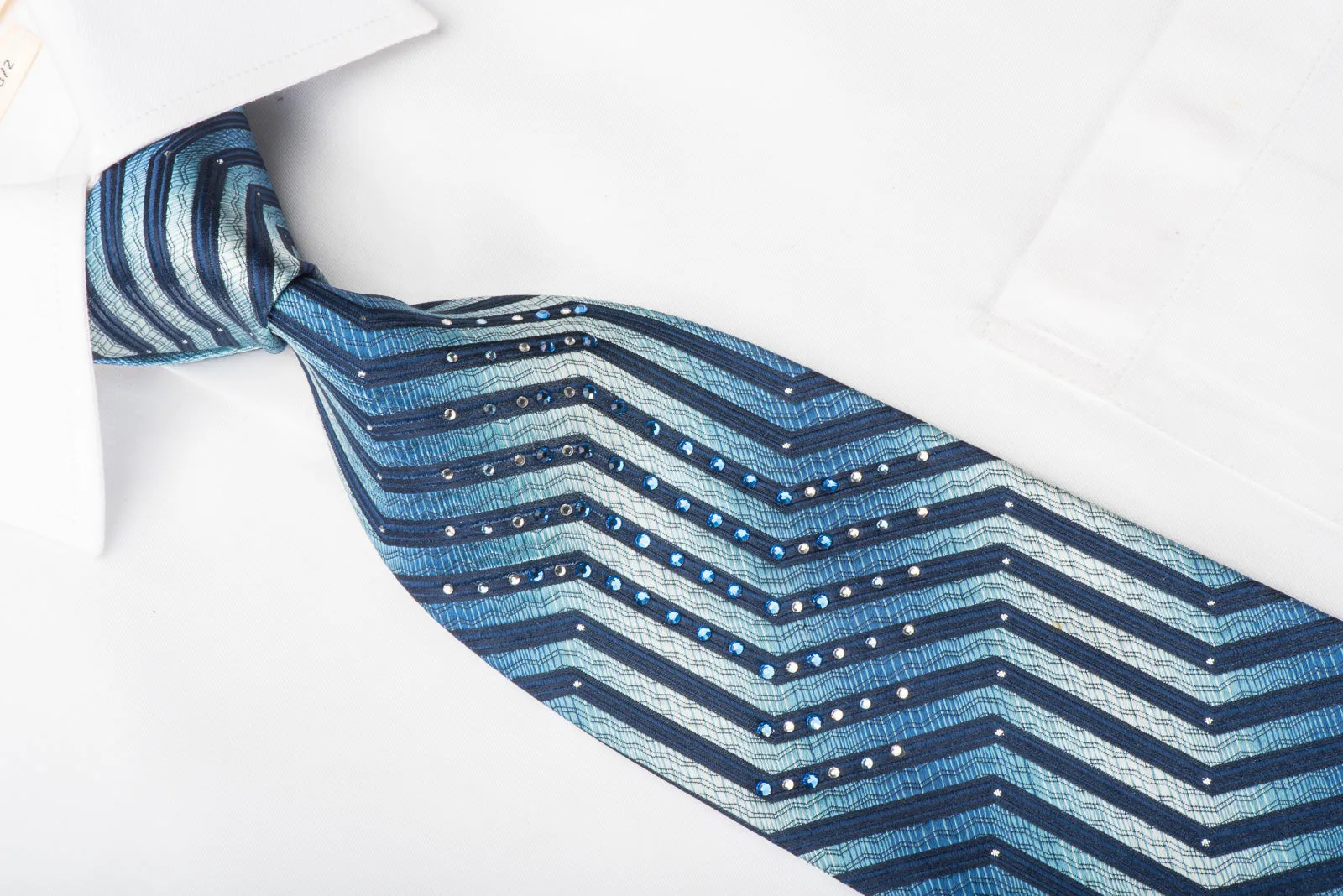Louis Quatorze Swarovski Rhinestone Silk Necktie Chevron On Blue With Sparkles