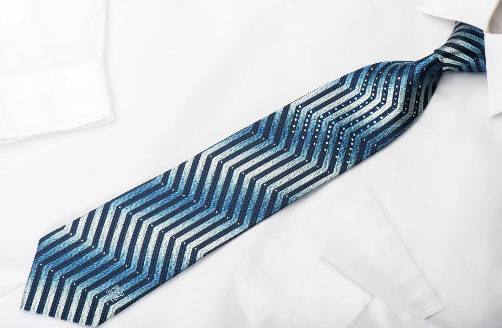 Louis Quatorze Swarovski Rhinestone Silk Necktie Chevron On Blue With Sparkles