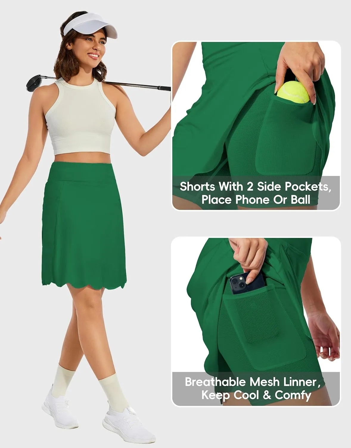 M MOTEEPI 20" Scalloped Hem Golf Skirts for Women with Zipper Pockets Womens Skort Tummy Control