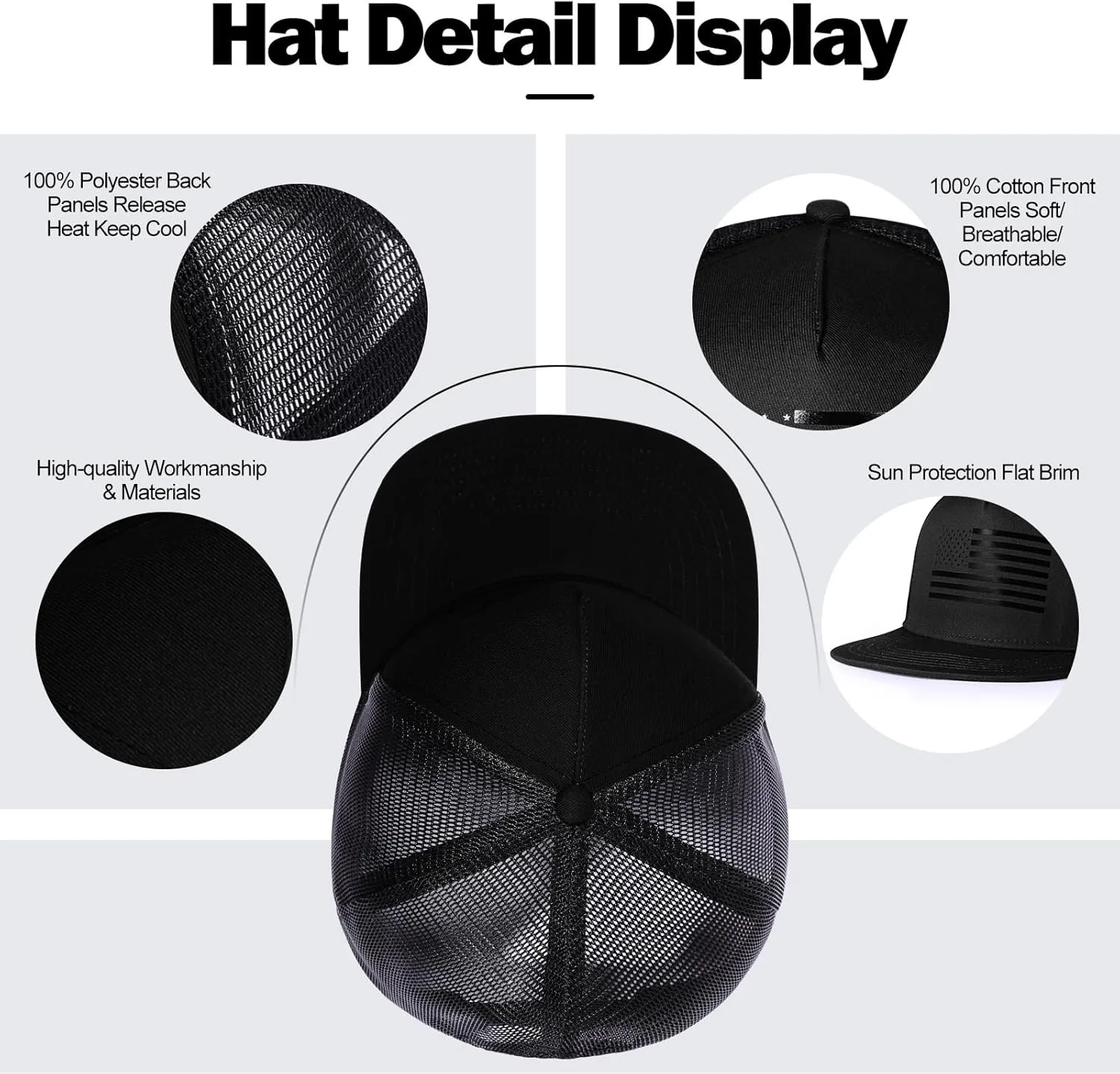 Men's Oversize XXL American Flag Flat Brim Cap - 3D Embossed Logo Mesh Snapback Hat - Adjustable Flat Bill Hats