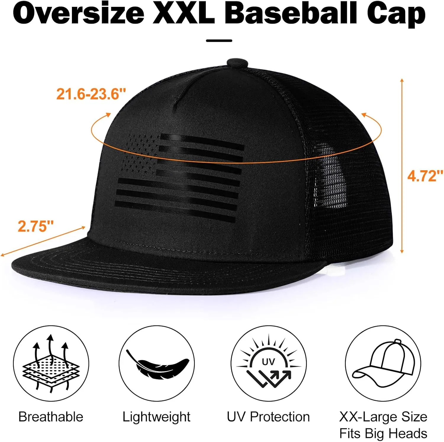 Men's Oversize XXL American Flag Flat Brim Cap - 3D Embossed Logo Mesh Snapback Hat - Adjustable Flat Bill Hats