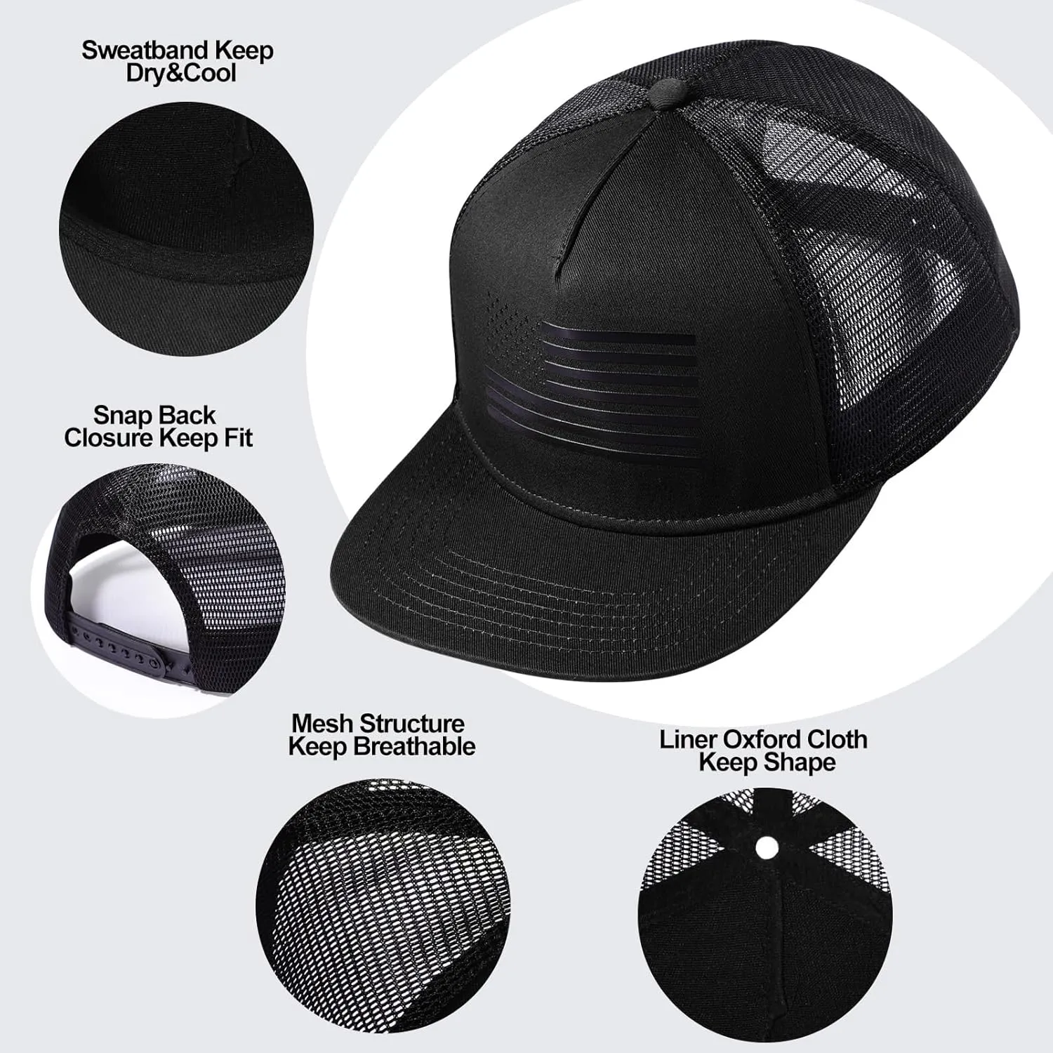 Men's Oversize XXL American Flag Flat Brim Cap - 3D Embossed Logo Mesh Snapback Hat - Adjustable Flat Bill Hats