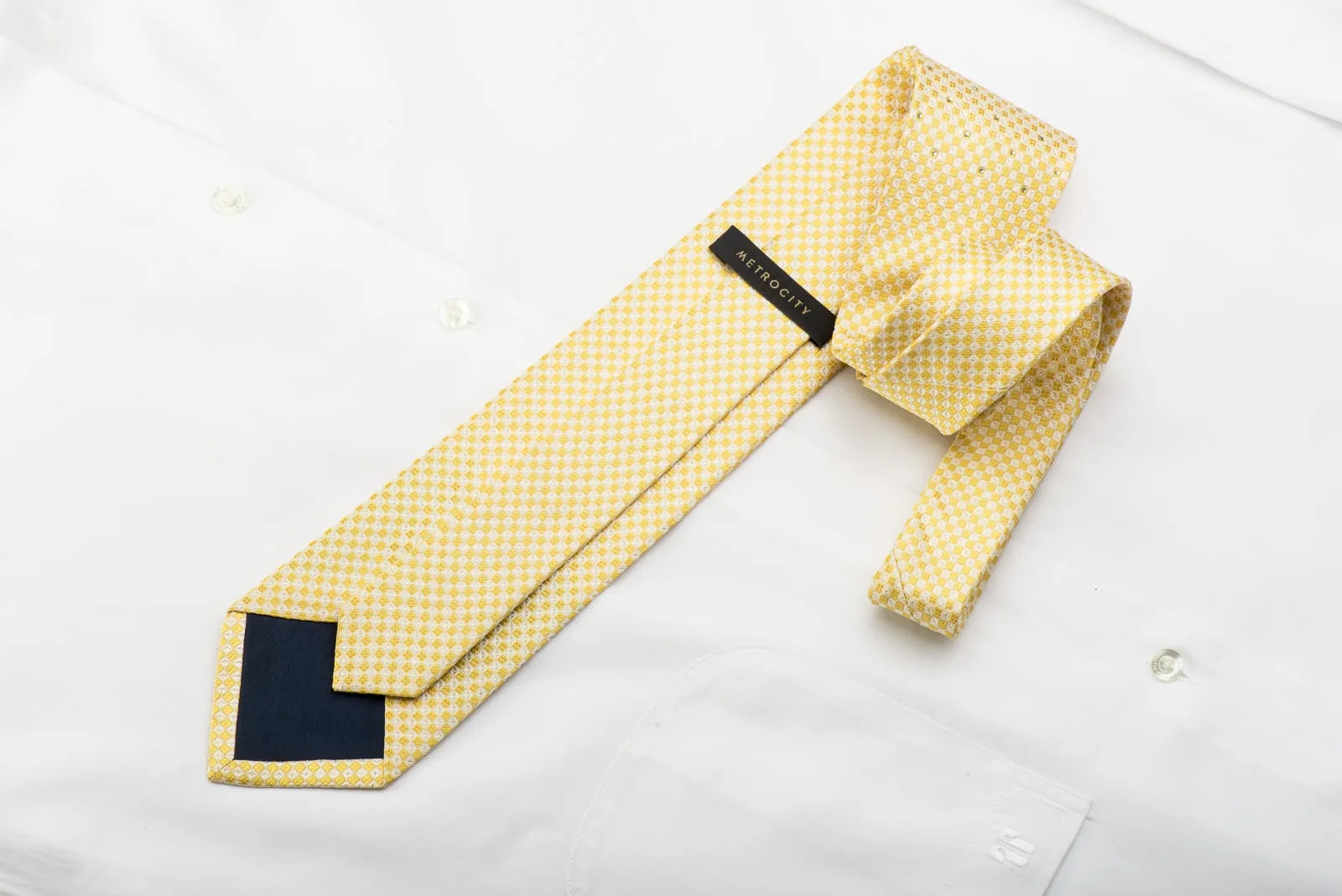 Metro City Men's Crystal Silk Necktie Yellow Checkered With Silver Sparkles