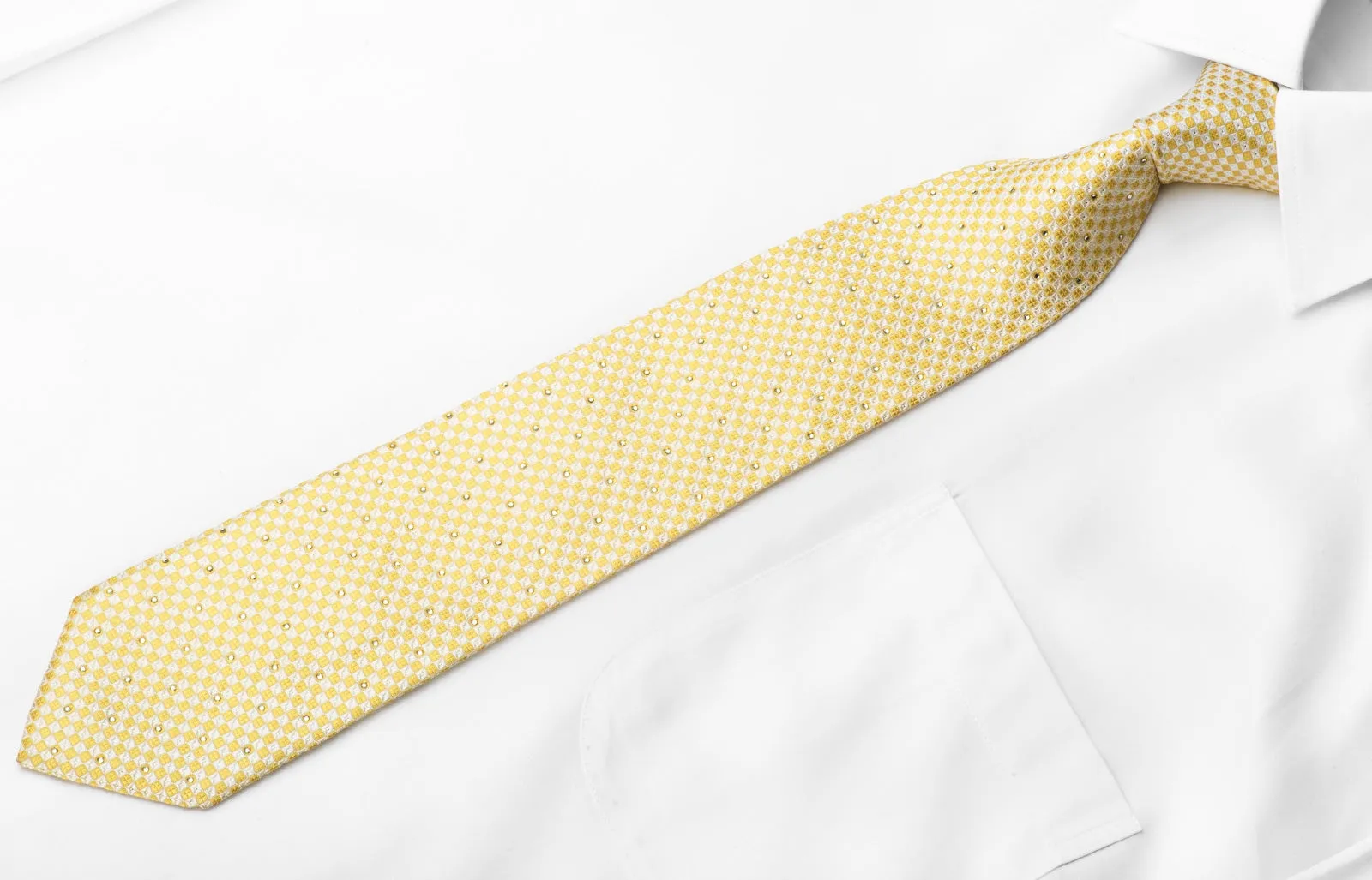 Metro City Men's Crystal Silk Necktie Yellow Checkered With Silver Sparkles