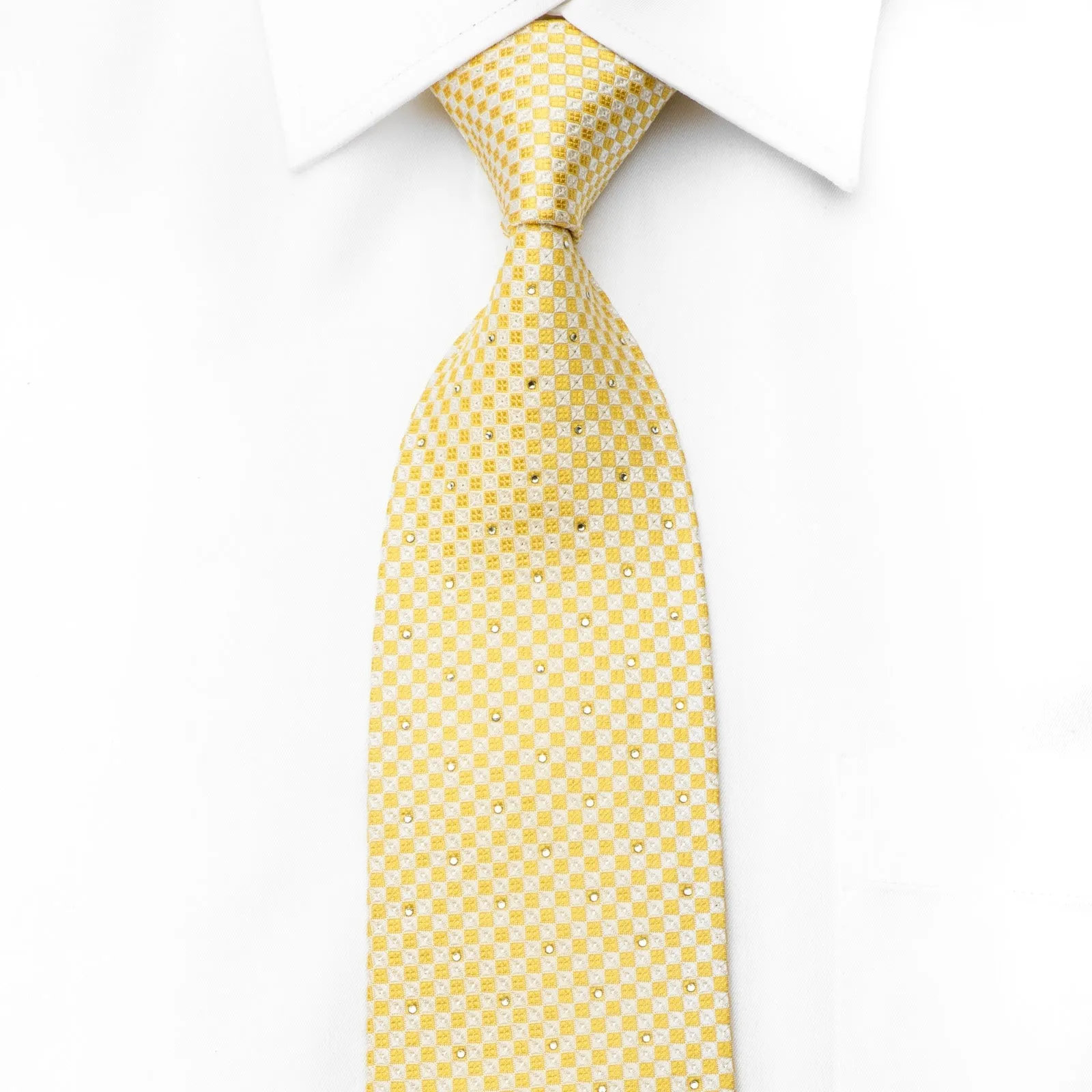 Metro City Men's Crystal Silk Necktie Yellow Checkered With Silver Sparkles