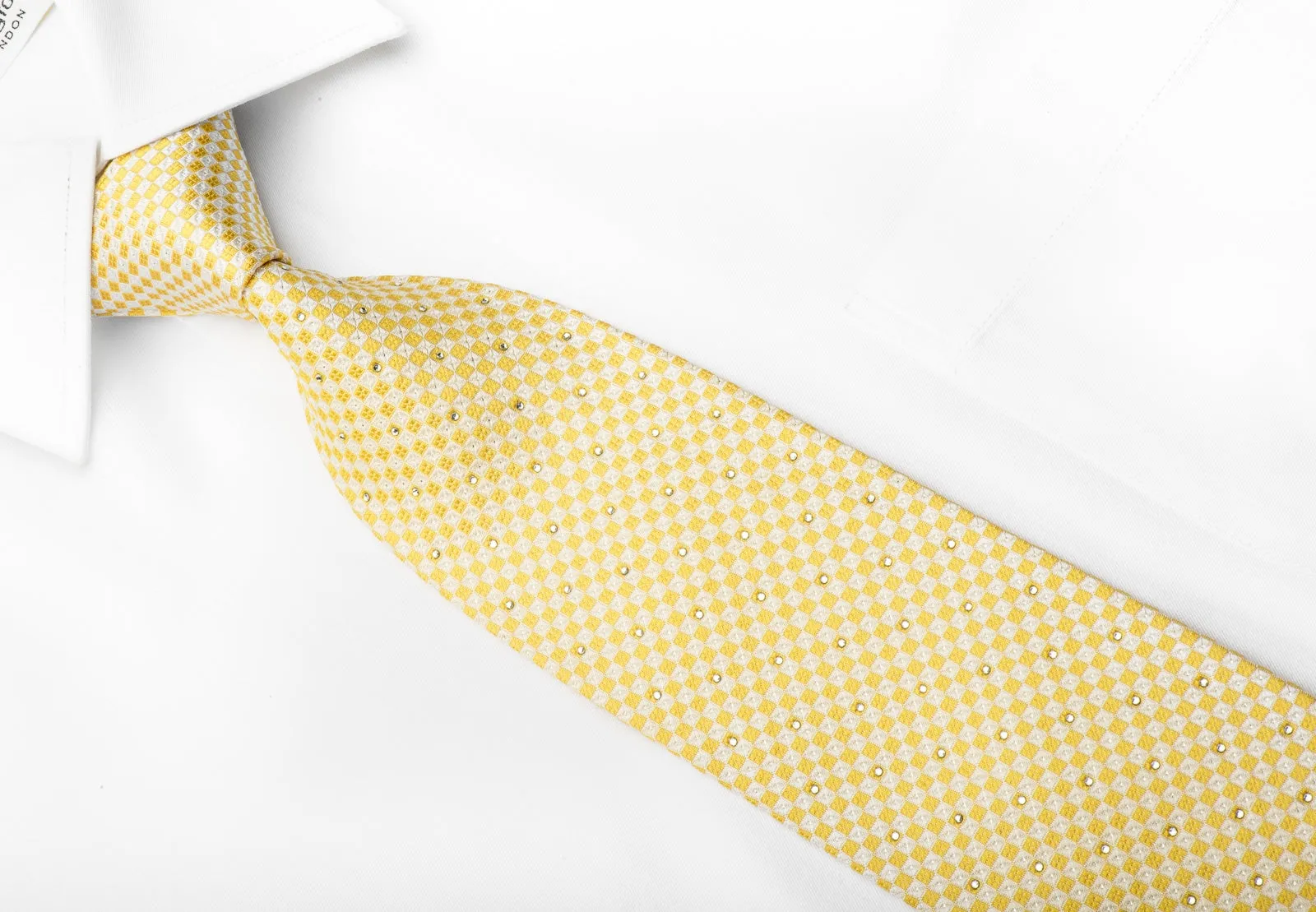 Metro City Men's Crystal Silk Necktie Yellow Checkered With Silver Sparkles