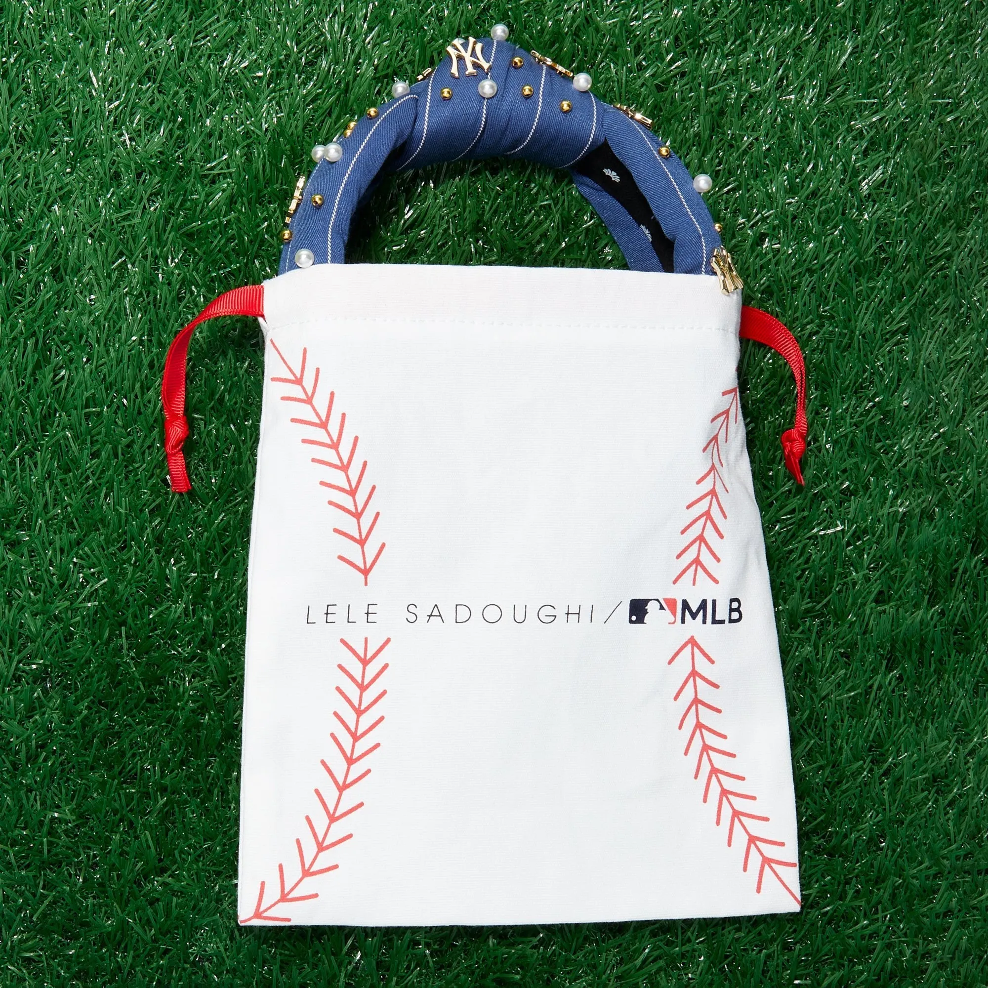 NY YANKEES LELE SADOUGHI / MLB NAVY EMBROIDERED KNOTTED HEADBAND