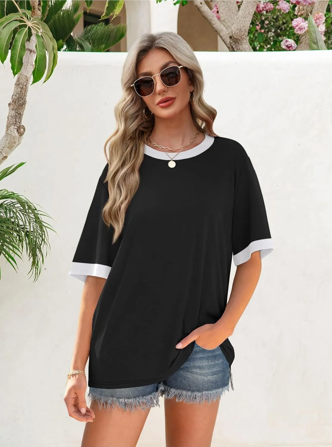 OFEEFAN Summer Tops for Women 2025 Short Sleeve Shirts Dressy Casual Crew Neck Tshirts Fashion