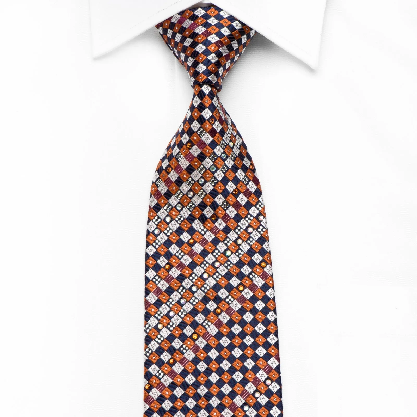 Pierre Cardin Men's Silk Crystal Rhinestone Necktie Silver Blue Orange Checkered With Sparkles