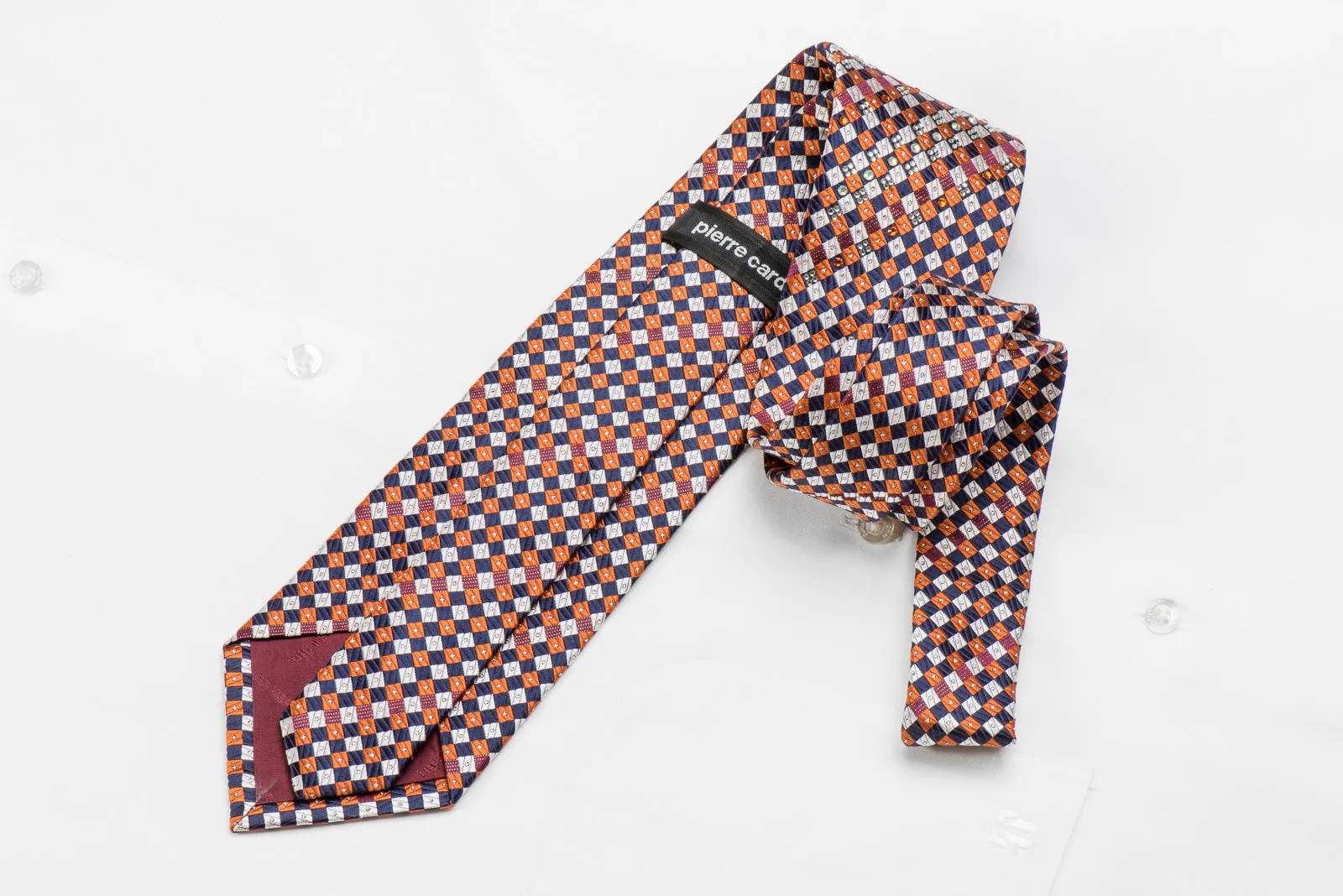 Pierre Cardin Men's Silk Crystal Rhinestone Necktie Silver Blue Orange Checkered With Sparkles
