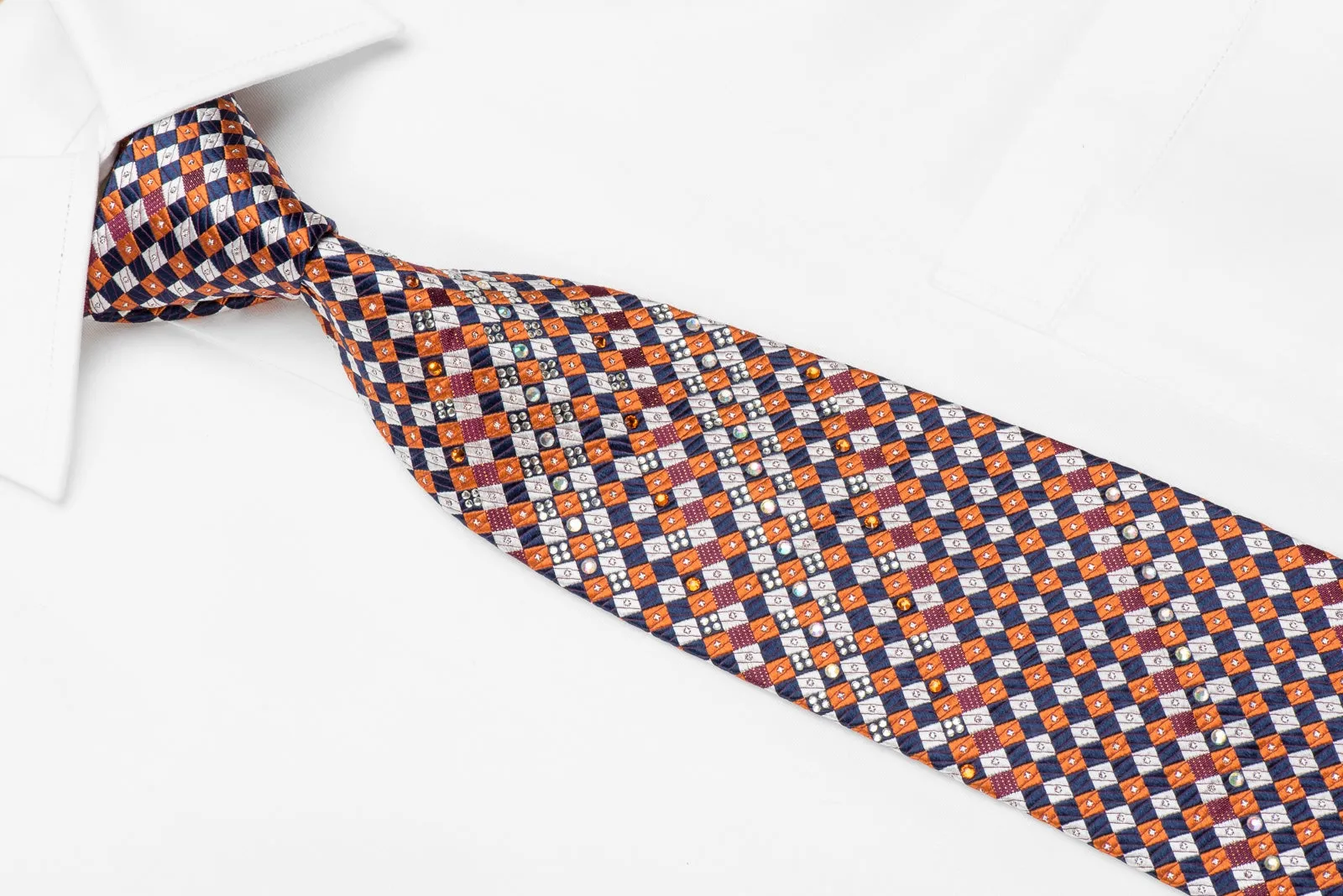 Pierre Cardin Men's Silk Crystal Rhinestone Necktie Silver Blue Orange Checkered With Sparkles