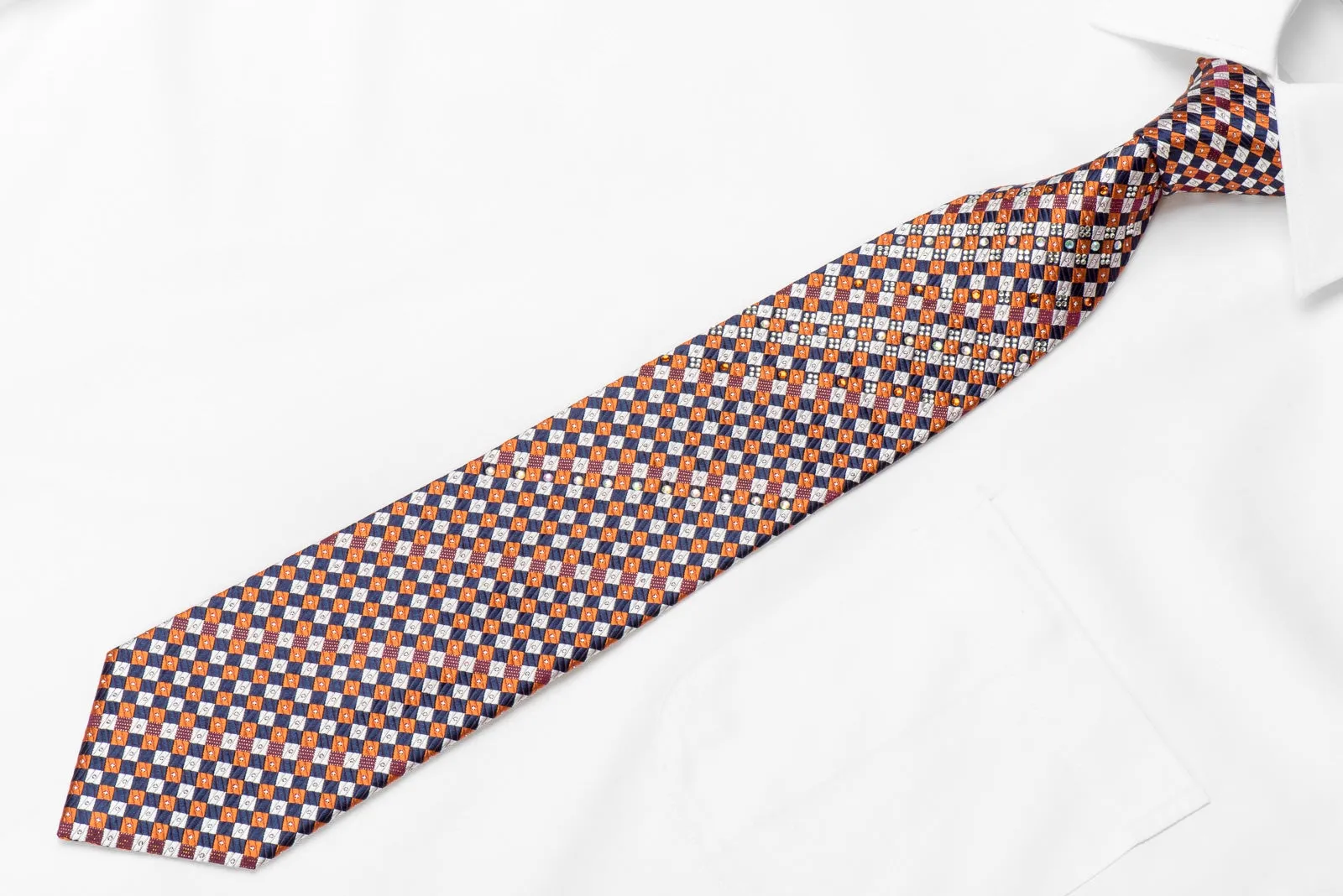 Pierre Cardin Men's Silk Crystal Rhinestone Necktie Silver Blue Orange Checkered With Sparkles