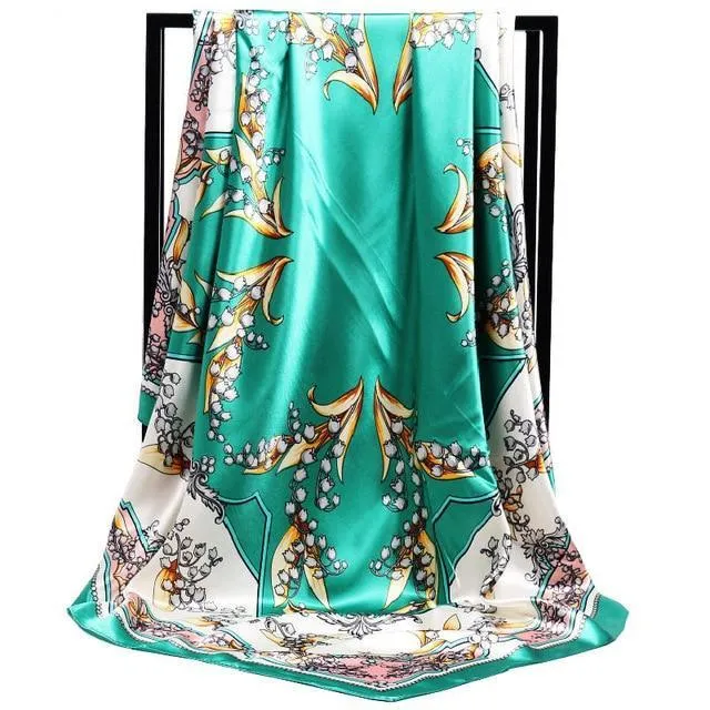 Print Satin Square Silk Women Scarf
