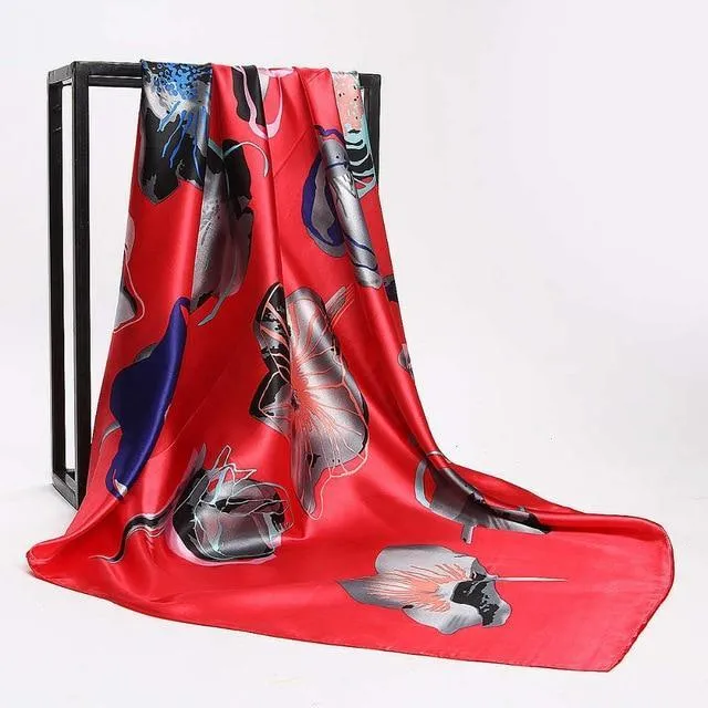 Print Satin Square Silk Women Scarf