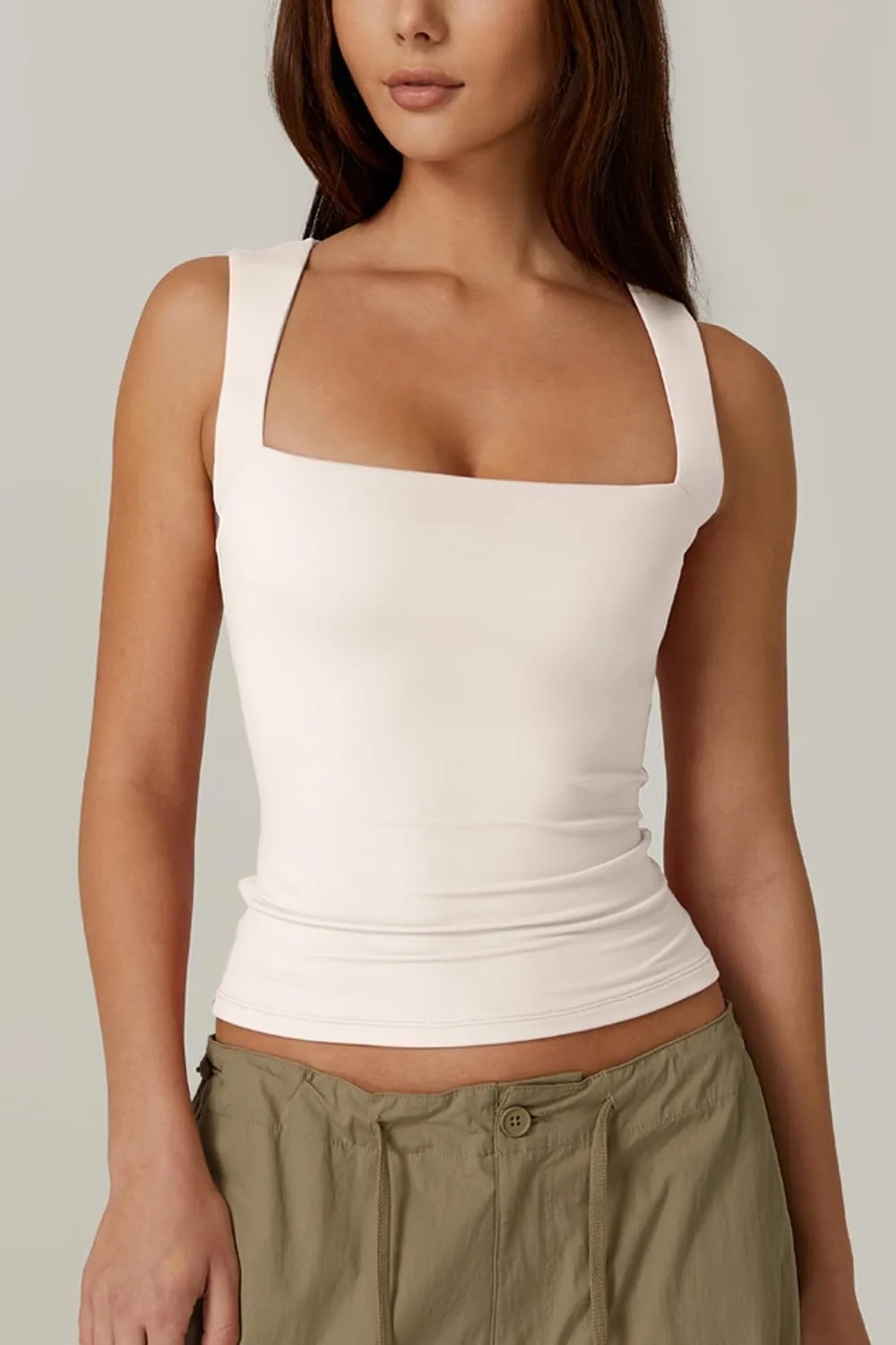 QINSEN Women's Square Neck Sleeveless Double-Layer Tank Tops Basic Tight T Shirts