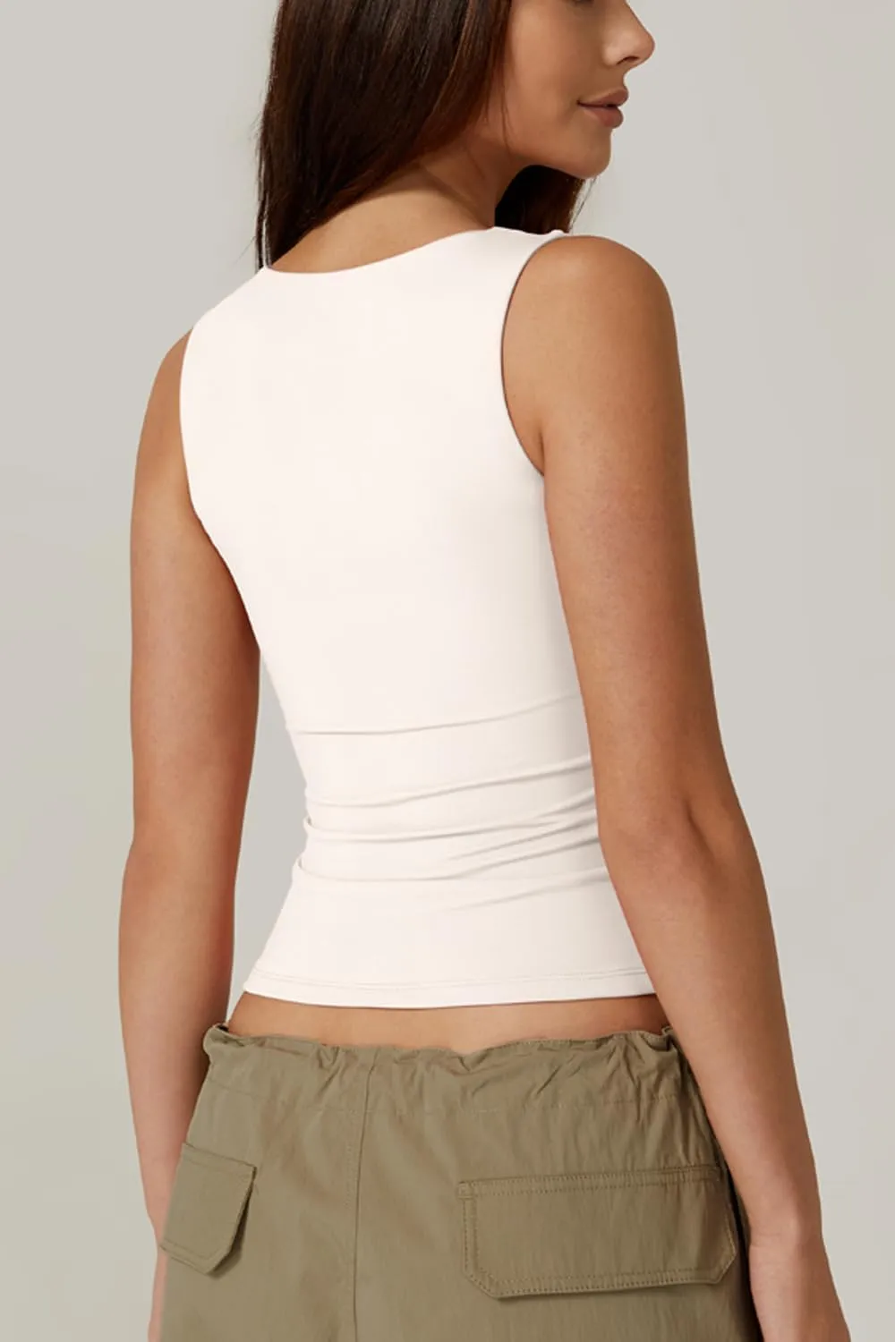QINSEN Women's Square Neck Sleeveless Double-Layer Tank Tops Basic Tight T Shirts
