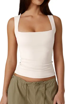 QINSEN Women's Square Neck Sleeveless Double-Layer Tank Tops Basic Tight T Shirts