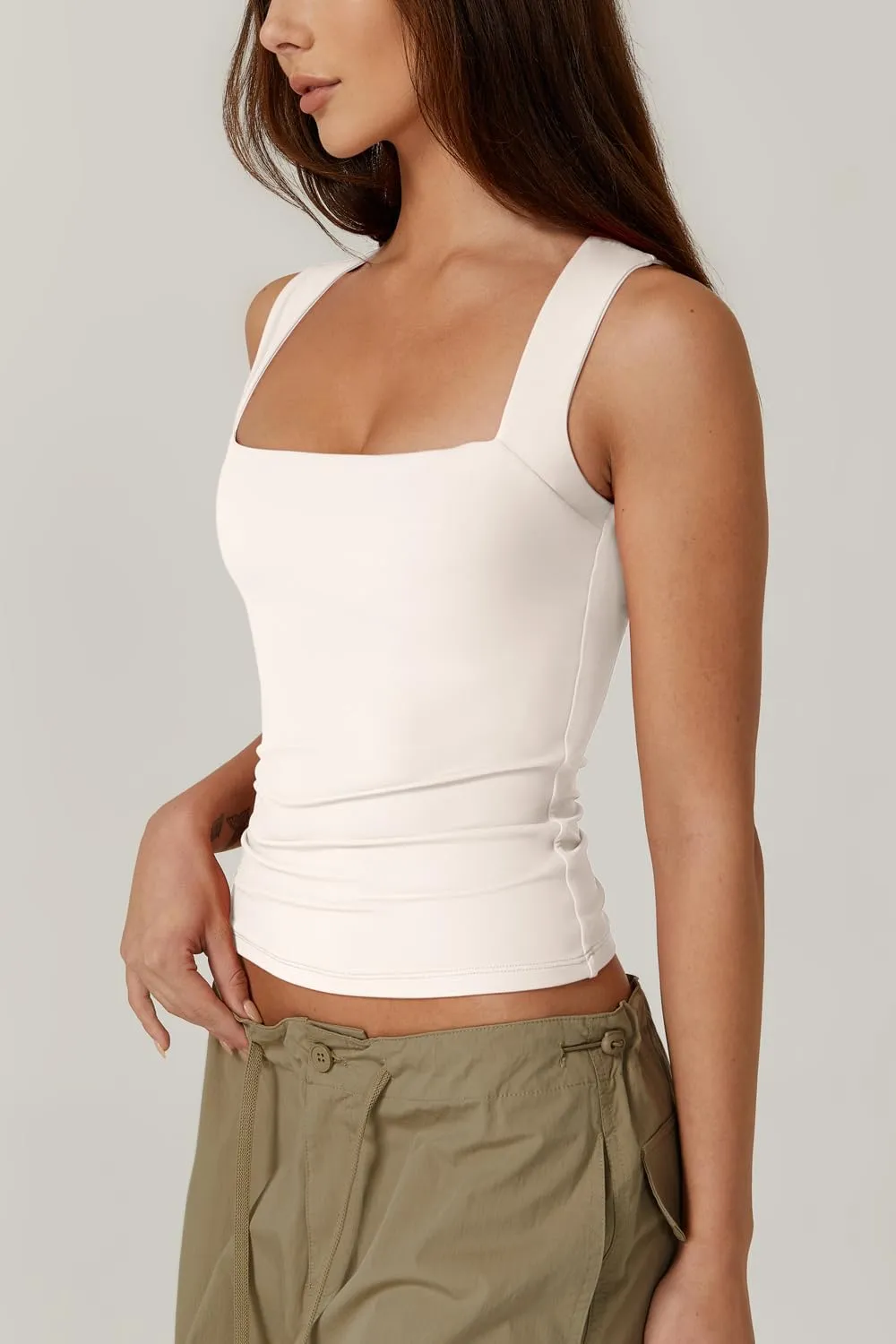 QINSEN Women's Square Neck Sleeveless Double-Layer Tank Tops Basic Tight T Shirts