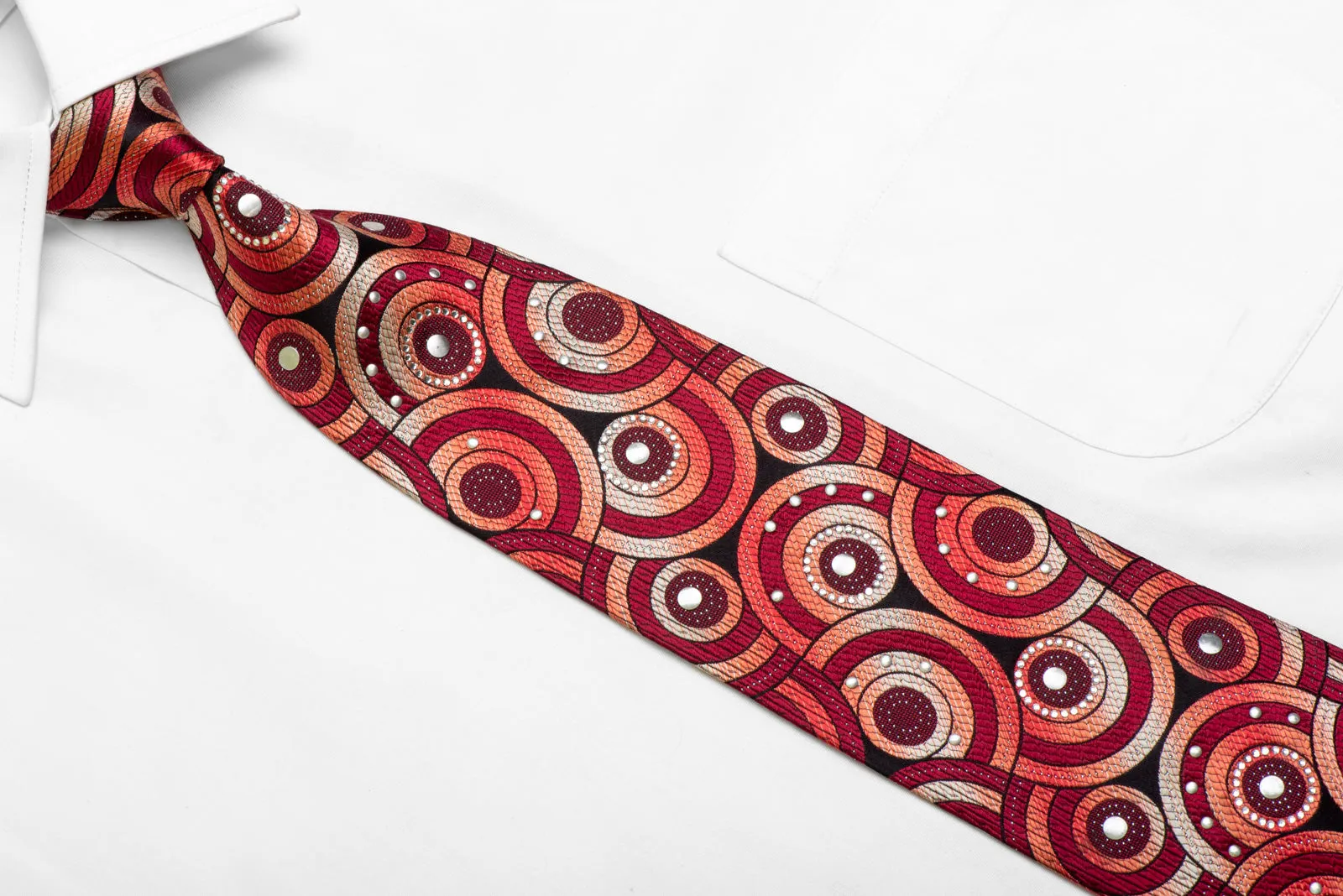 Red Burgundy Geometric On Black Rhinestone Silk Necktie With Sparkles