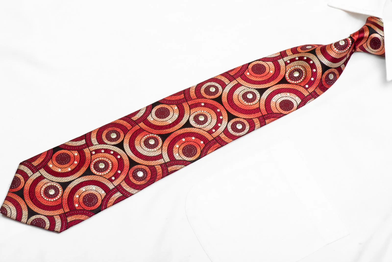 Red Burgundy Geometric On Black Rhinestone Silk Necktie With Sparkles