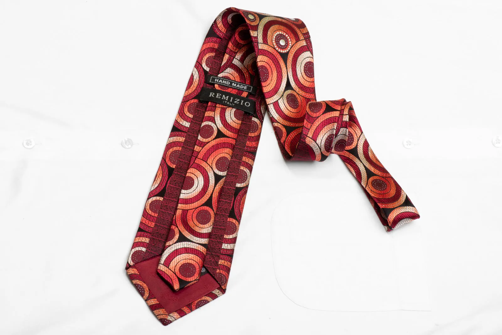Red Burgundy Geometric On Black Rhinestone Silk Necktie With Sparkles