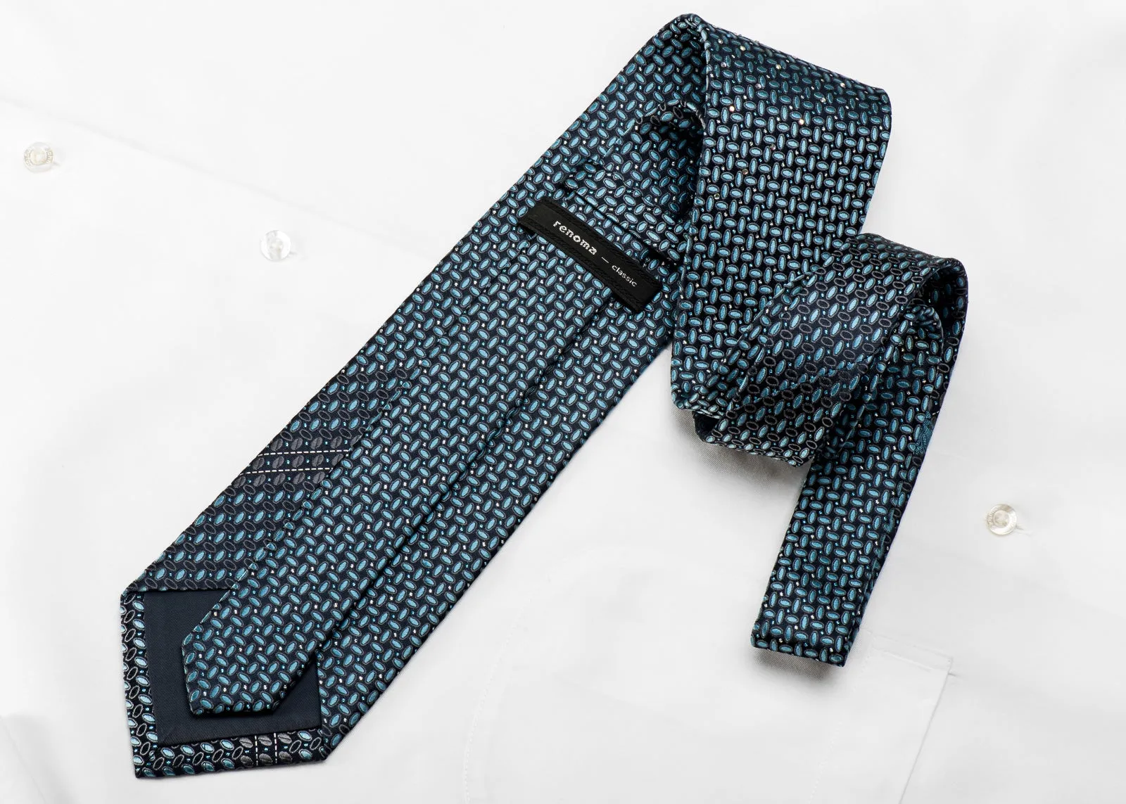 Renoma Men's Crystal Rhinestone Silk Necktie Geometric On Blue With Sparkles