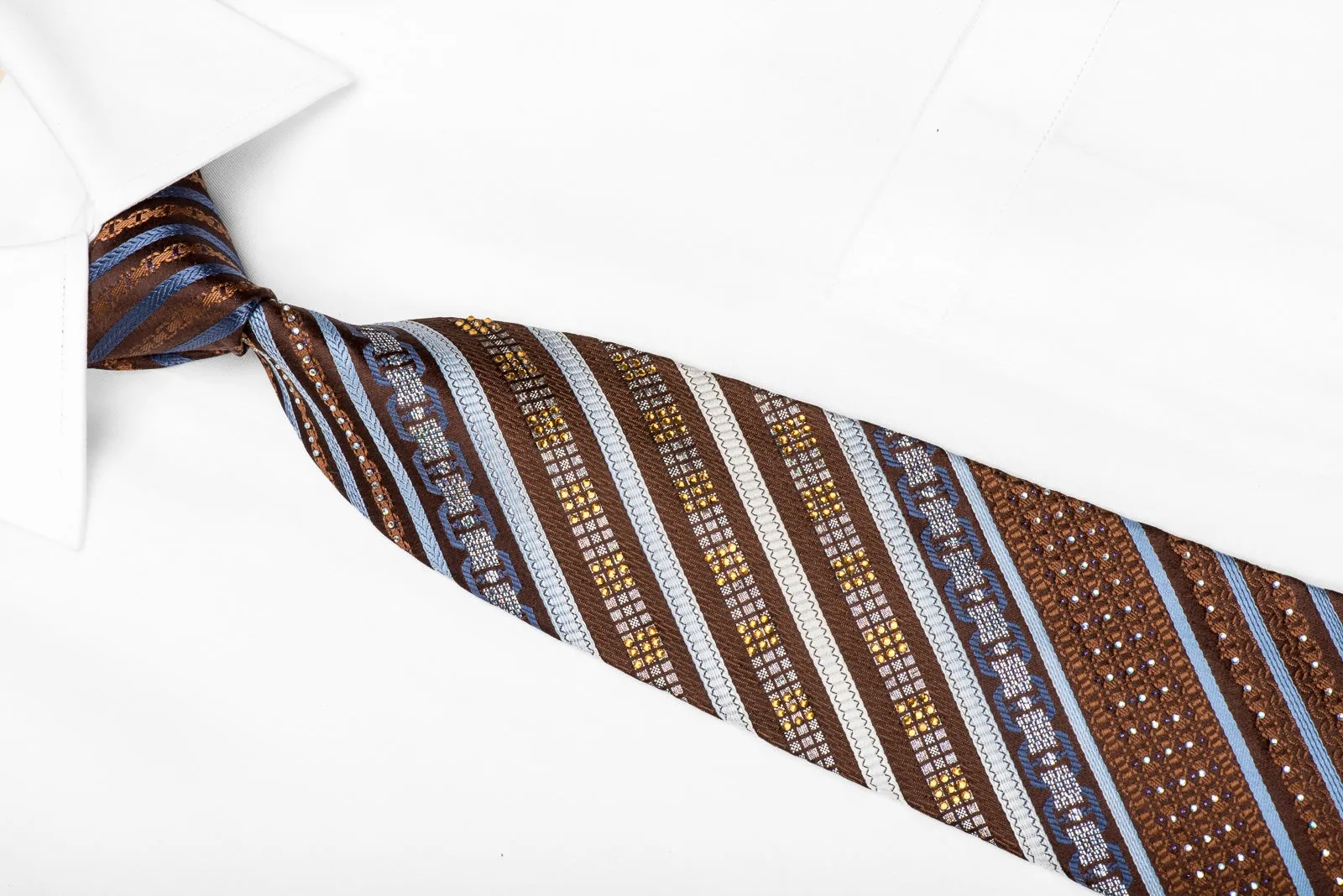 Renoma Men's Crystal Tie Blue Silver Striped On Brown With Sparkles