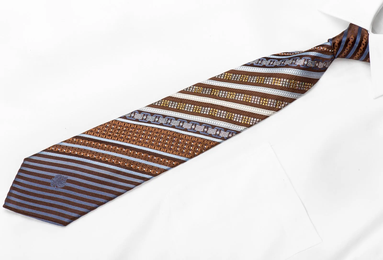 Renoma Men's Crystal Tie Blue Silver Striped On Brown With Sparkles