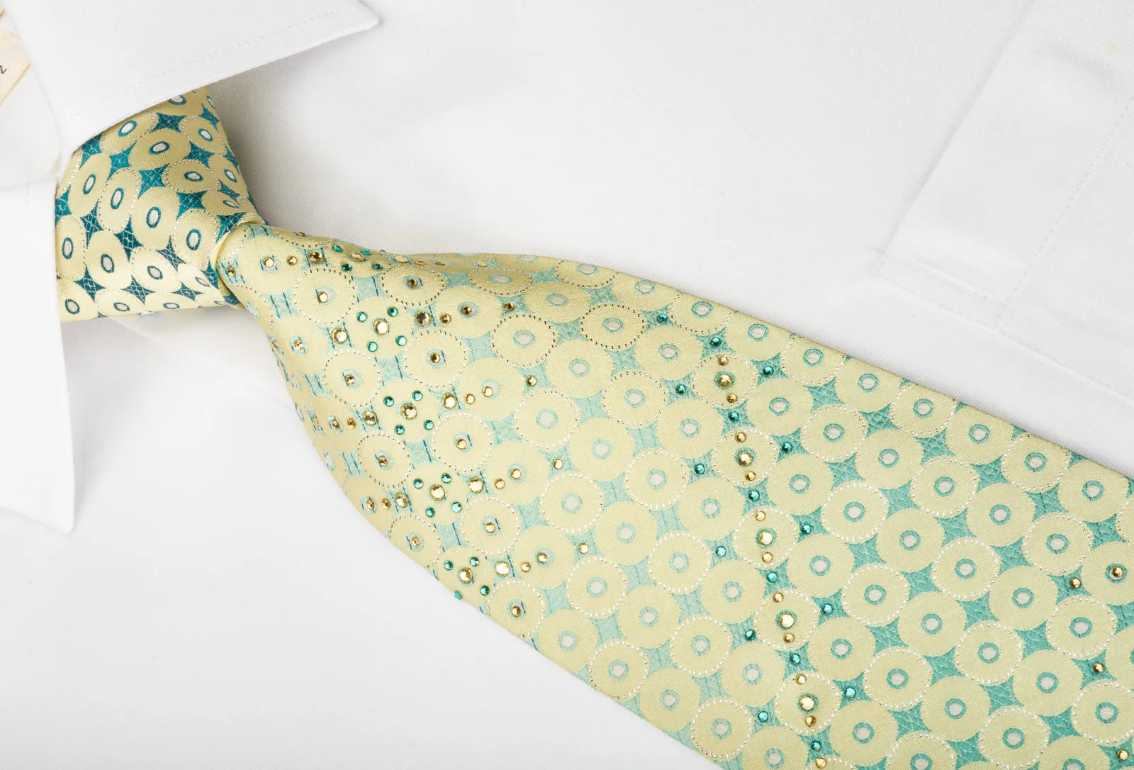 Roberta di Camerino Rhinestone Silk Necktie Green Geometric On Yellow With Sparkles
