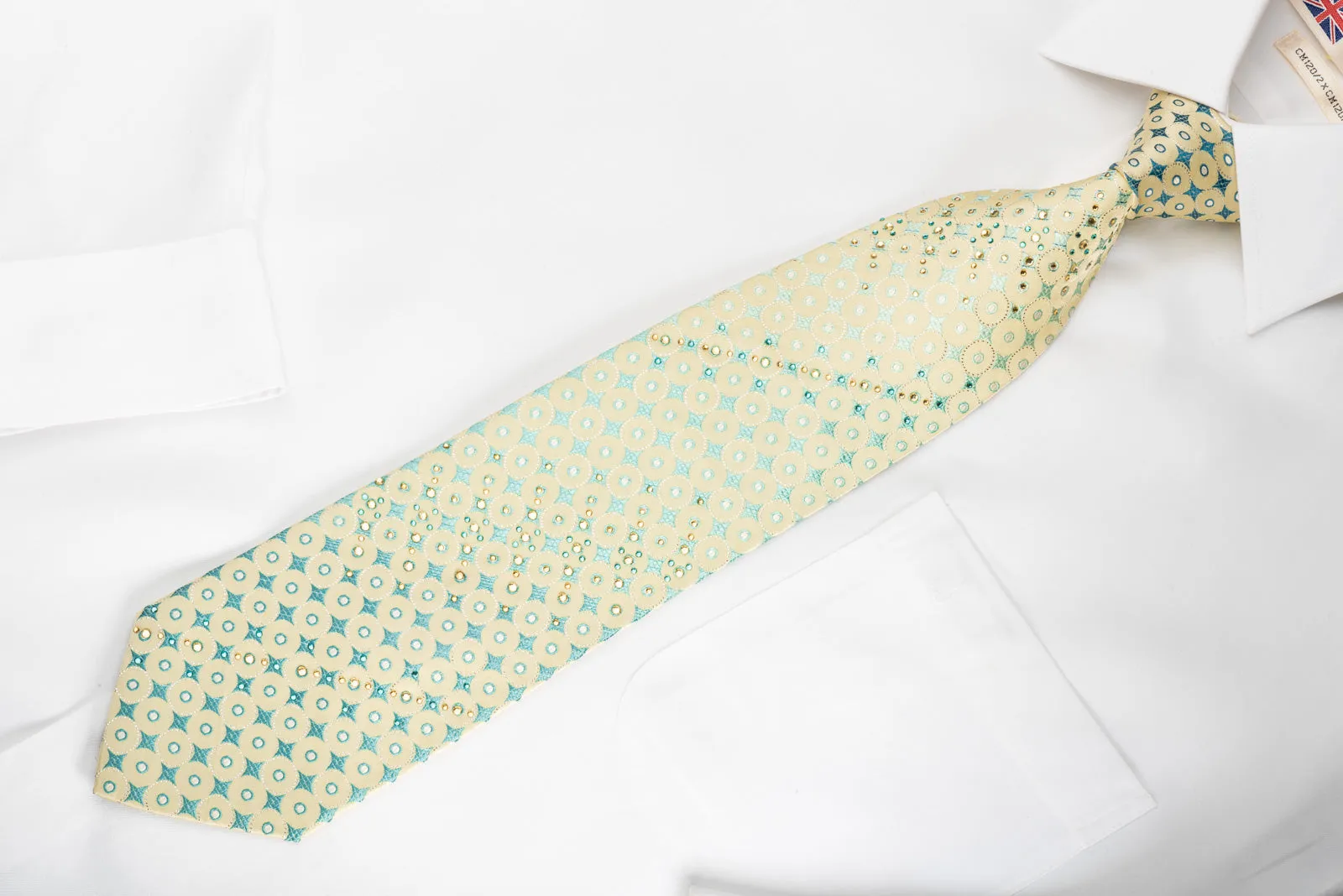 Roberta di Camerino Rhinestone Silk Necktie Green Geometric On Yellow With Sparkles