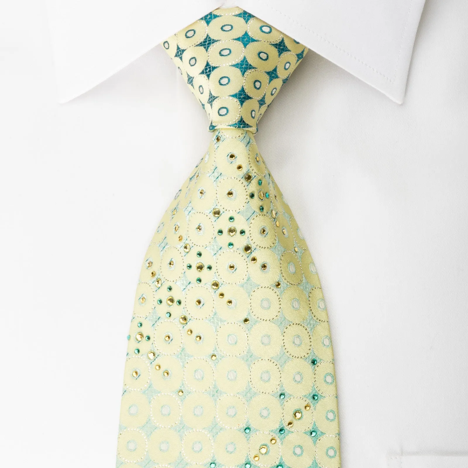 Roberta di Camerino Rhinestone Silk Necktie Green Geometric On Yellow With Sparkles