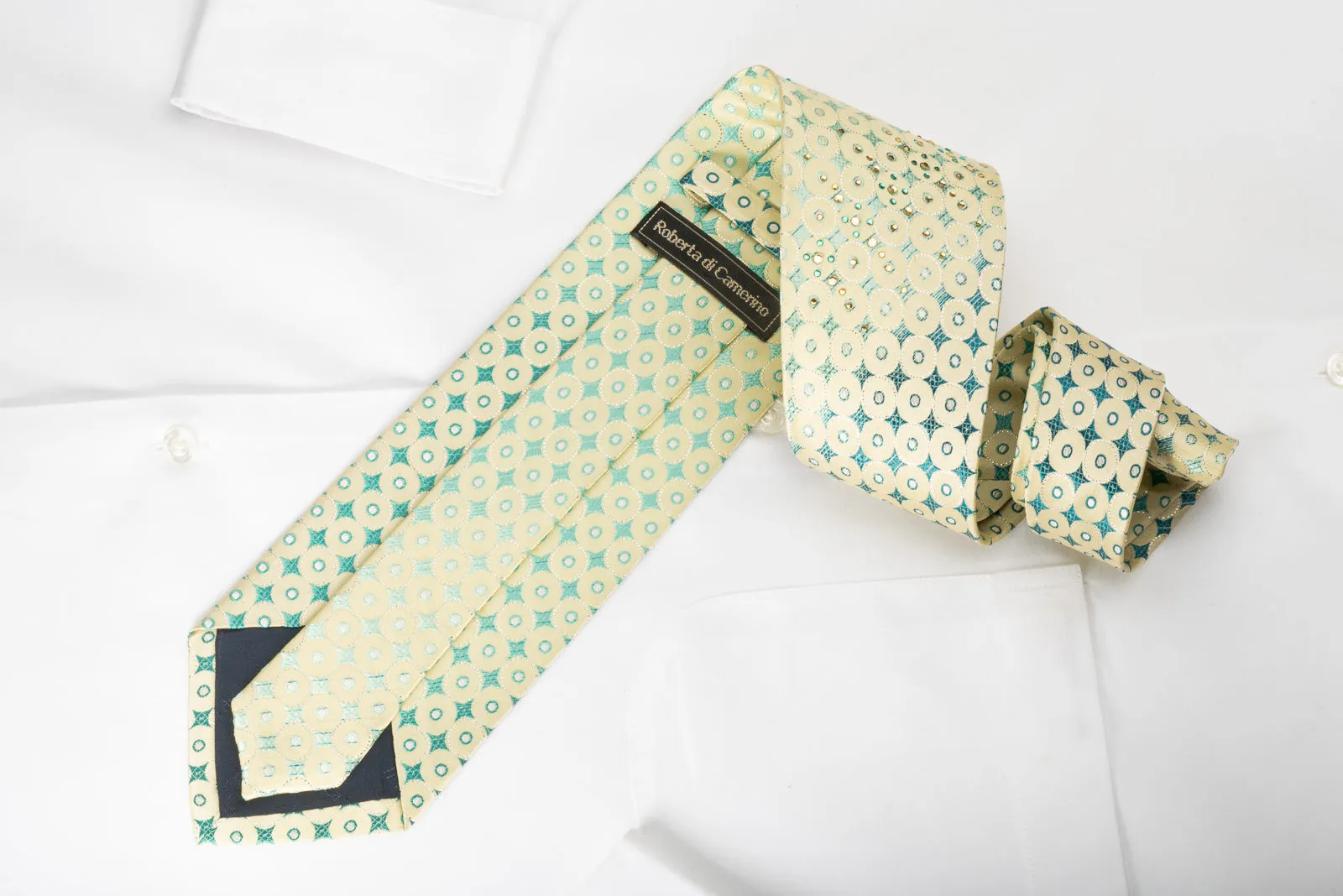 Roberta di Camerino Rhinestone Silk Necktie Green Geometric On Yellow With Sparkles