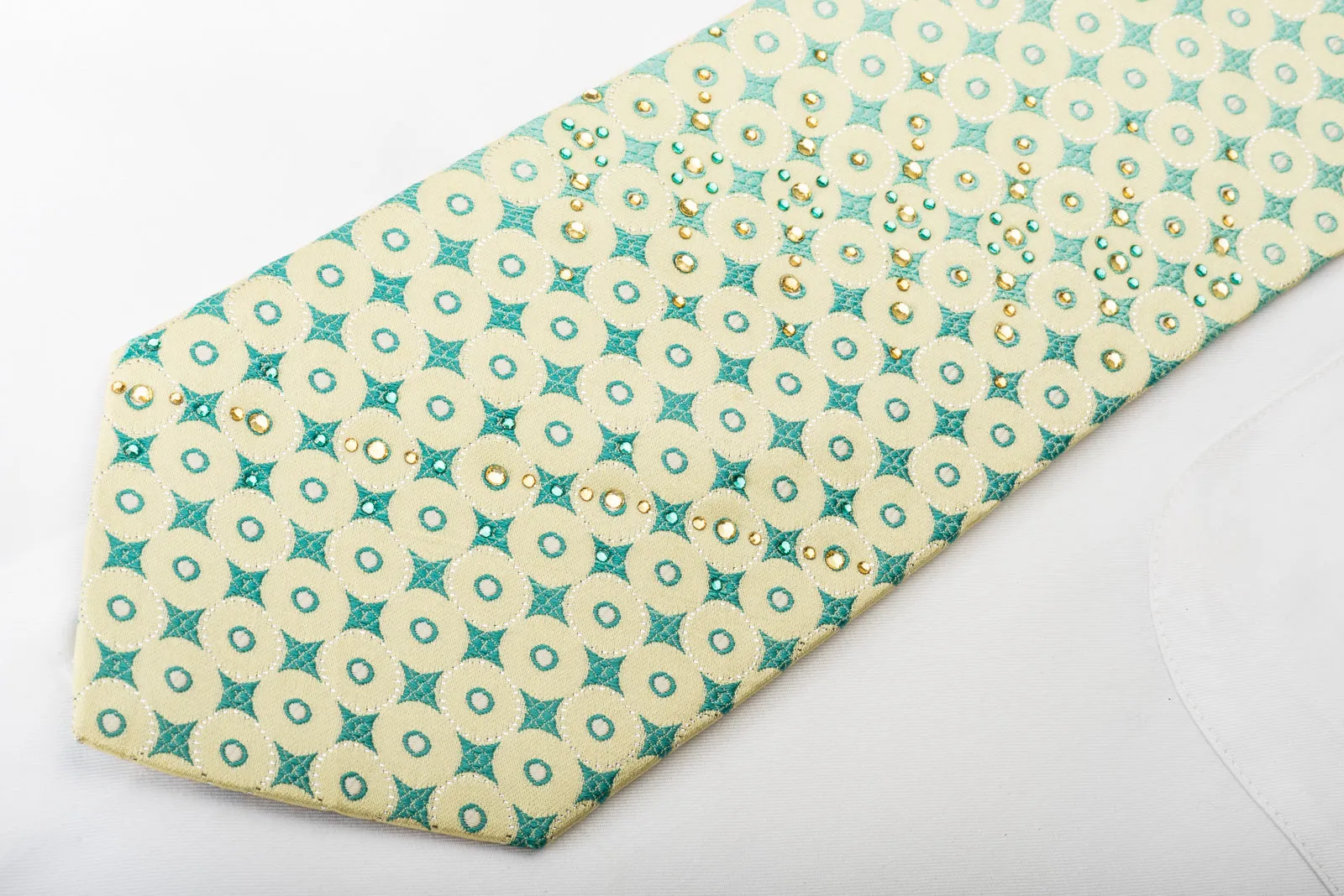Roberta di Camerino Rhinestone Silk Necktie Green Geometric On Yellow With Sparkles