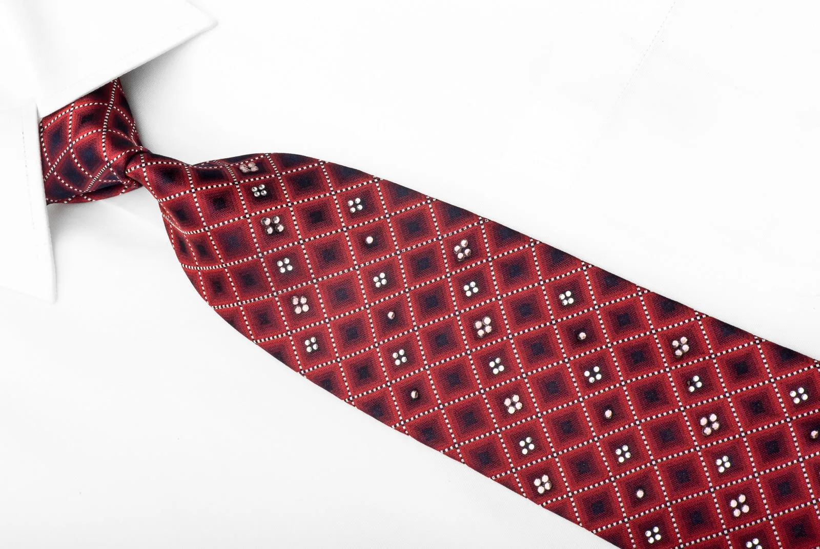 Rogers Dail Men's Crystal Bling Necktie Burgundy Blue Checkered Silk