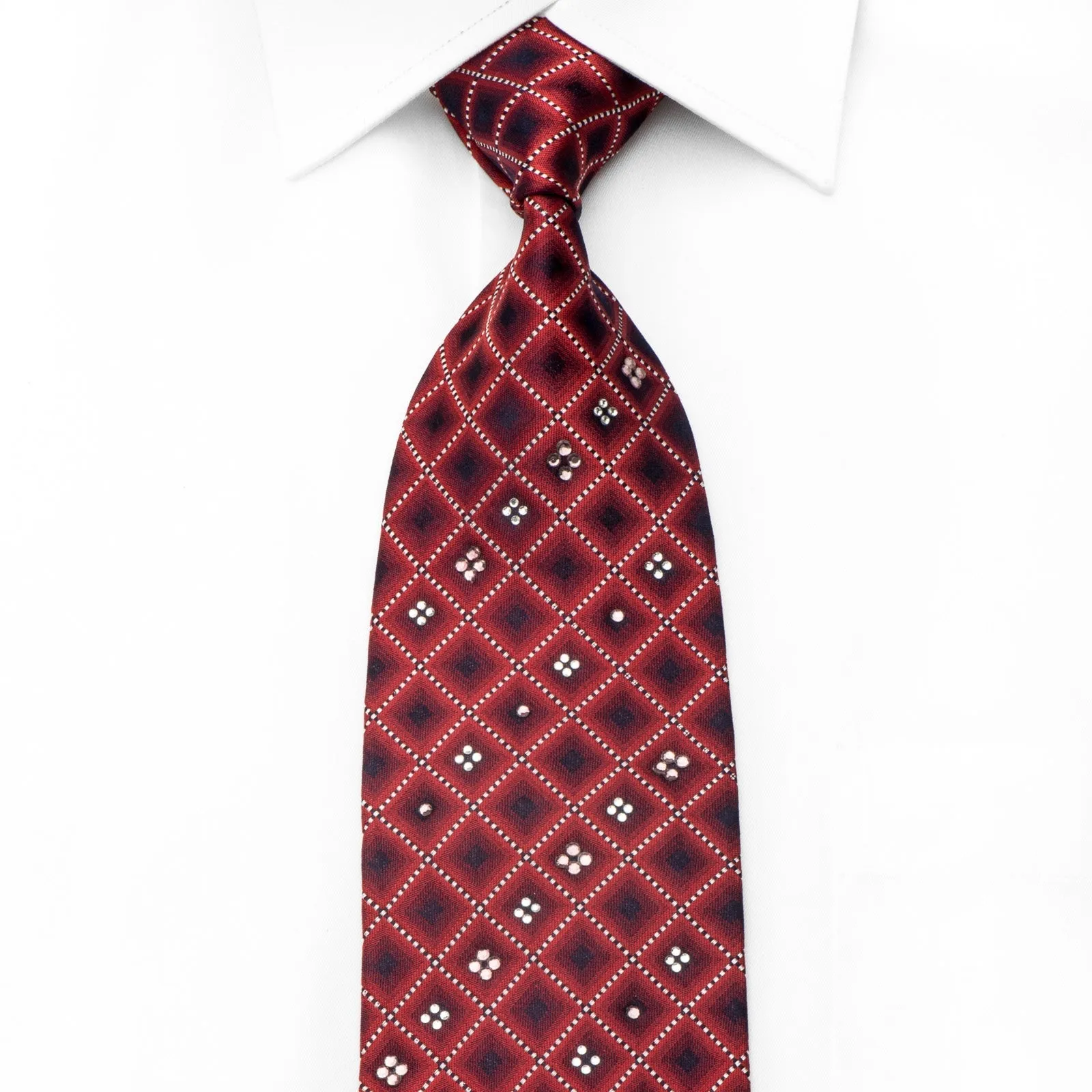 Rogers Dail Men's Crystal Bling Necktie Burgundy Blue Checkered Silk