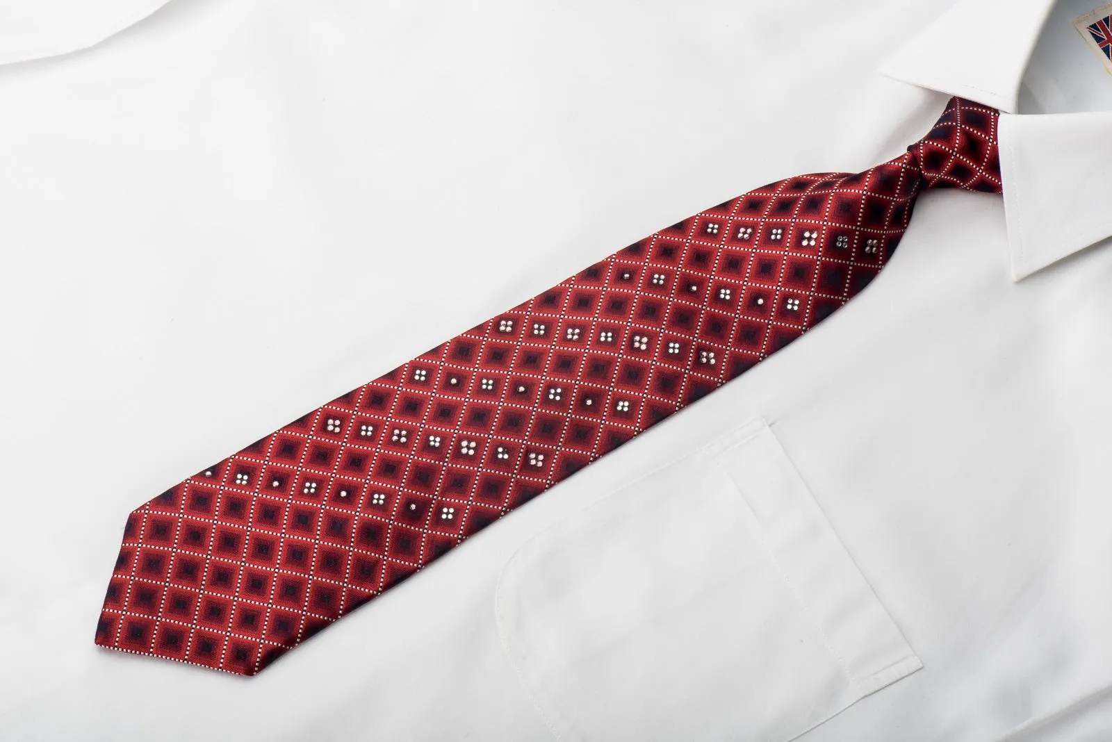 Rogers Dail Men's Crystal Bling Necktie Burgundy Blue Checkered Silk