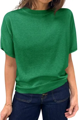 Saodimallsu Womens Short Sleeve Sweater Casual Basic Crew Neck Loose Knit Pullover Tops Summer Lightweight Blouses