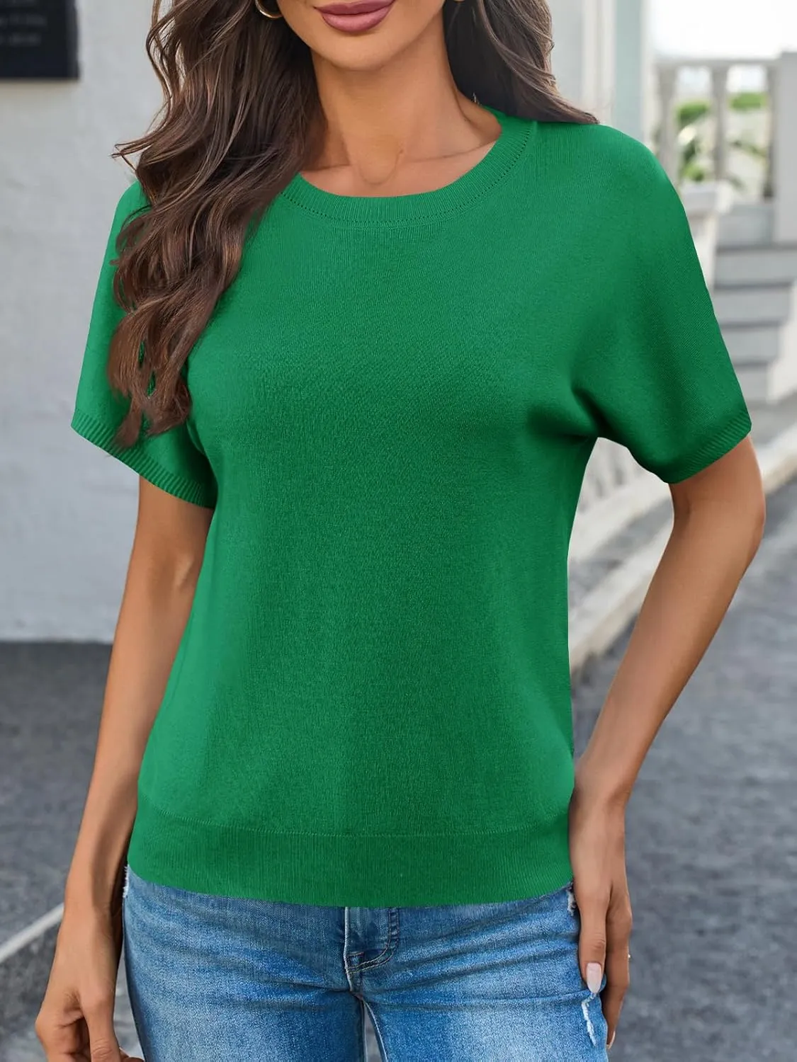 Saodimallsu Womens Short Sleeve Sweater Casual Basic Crew Neck Loose Knit Pullover Tops Summer Lightweight Blouses