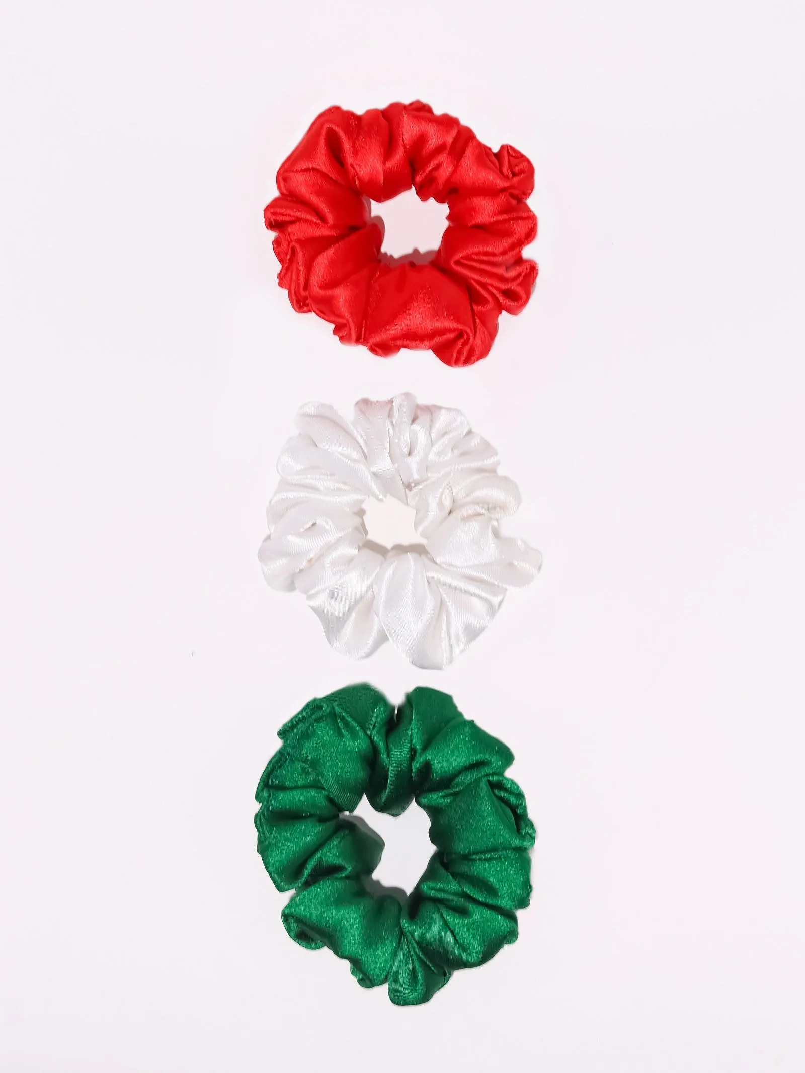 Satin Silk Scrunchies Set - Red, Green & White