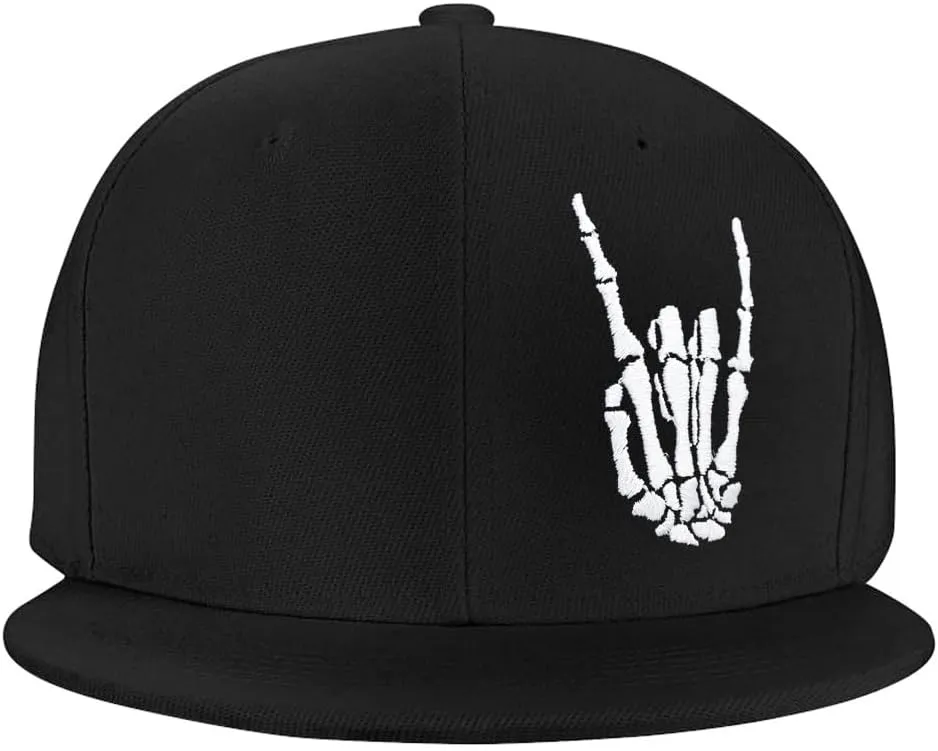 Skeleton Hand Snapback Hat for Men Women, Embroidered Adjustable Cotton Skull Finger Flat Bill Baseball Cap