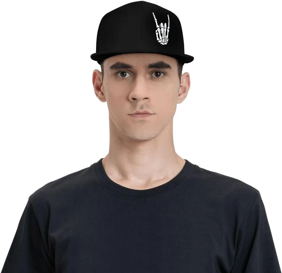 Skeleton Hand Snapback Hat for Men Women, Embroidered Adjustable Cotton Skull Finger Flat Bill Baseball Cap