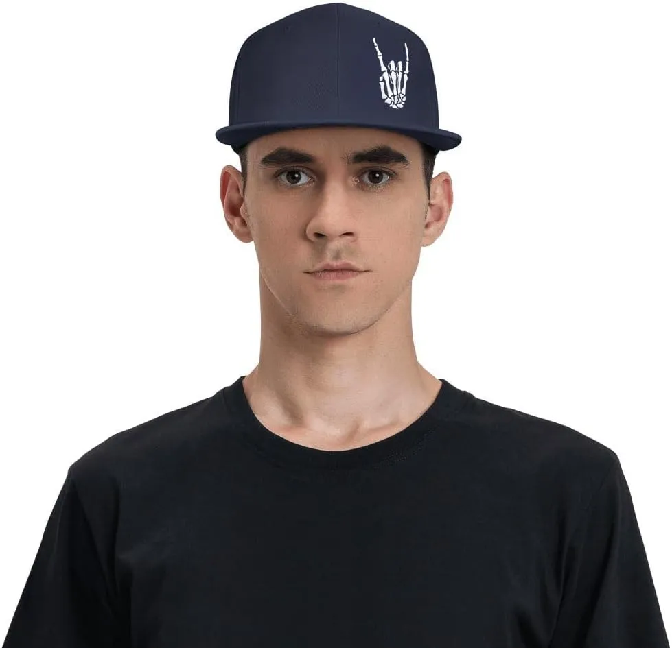 Skeleton Hand Snapback Hat for Men Women, Embroidered Adjustable Cotton Skull Finger Flat Bill Baseball Cap