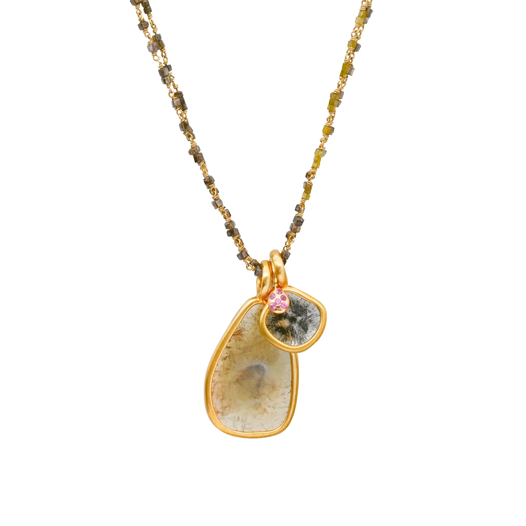 SMALL DROP SIGN WITH PINK SAPPHIRES IN 18K GOLD