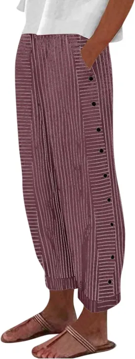 Summer Pants for Women Striped Printed Side Button Pants Baggy Elastic Waist Straight Leg Trousers with Pocket