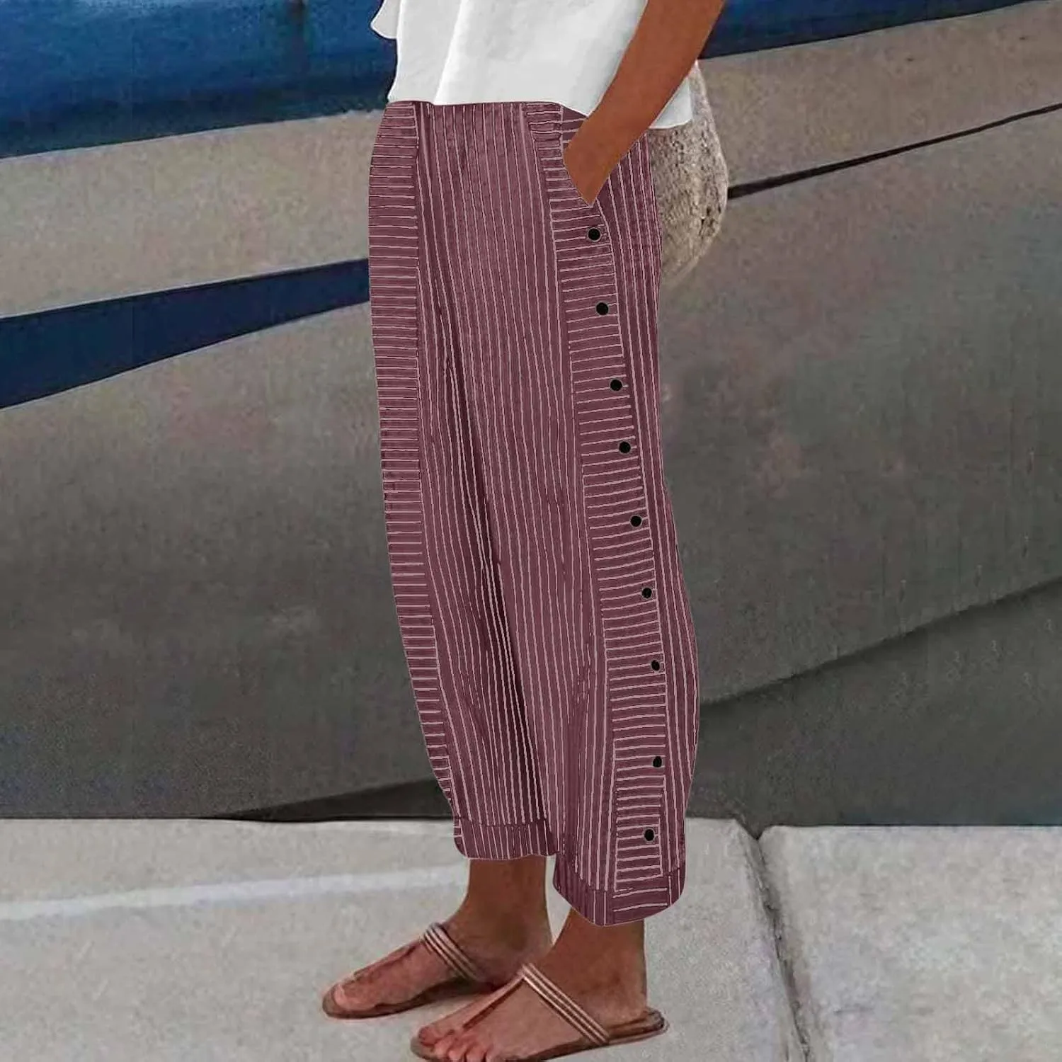 Summer Pants for Women Striped Printed Side Button Pants Baggy Elastic Waist Straight Leg Trousers with Pocket
