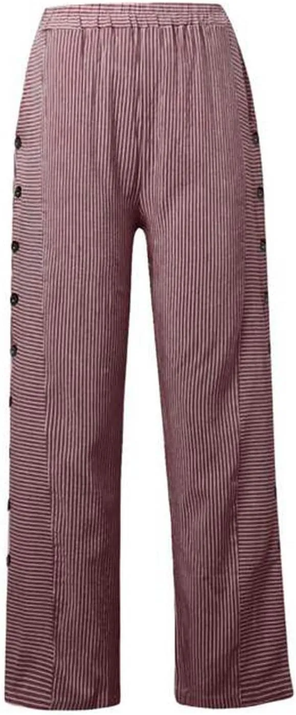 Summer Pants for Women Striped Printed Side Button Pants Baggy Elastic Waist Straight Leg Trousers with Pocket