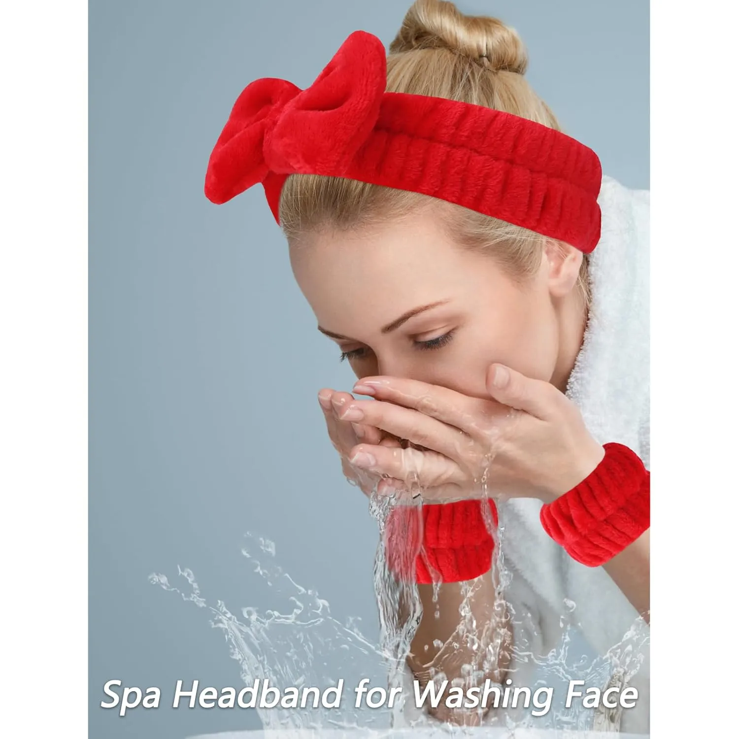 VELSCRUN Spa Headbands for Wash Face, Makeup Headband, Facial Skincare Headbands, 5 Pcs Red Puffy Sponge Spa Headband Bow Tie Hair Band Hair Clips Wristband Set Women Girls Accessories